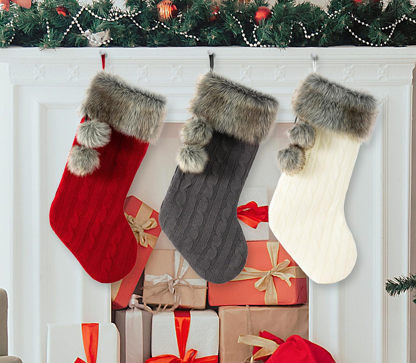 E-FirstFeeling Cable Knit Christmas Stockings with Faux Fur Cuff Large Knitted Xmas Stockings Rustic Hanging Stockings Ornaments for Christmas Decorations Holiday Season Decor (Ivory White)