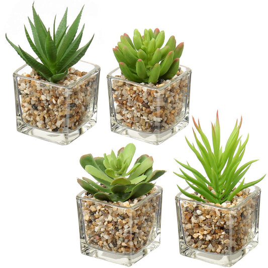 Briful Set of 4 Succulents Plants Artificial in Clear Glass Pots Small Fake Succulents Plants Mini Faux Plants Indoor for Window Sill Office Table Desk Shelf Bathroom Decor