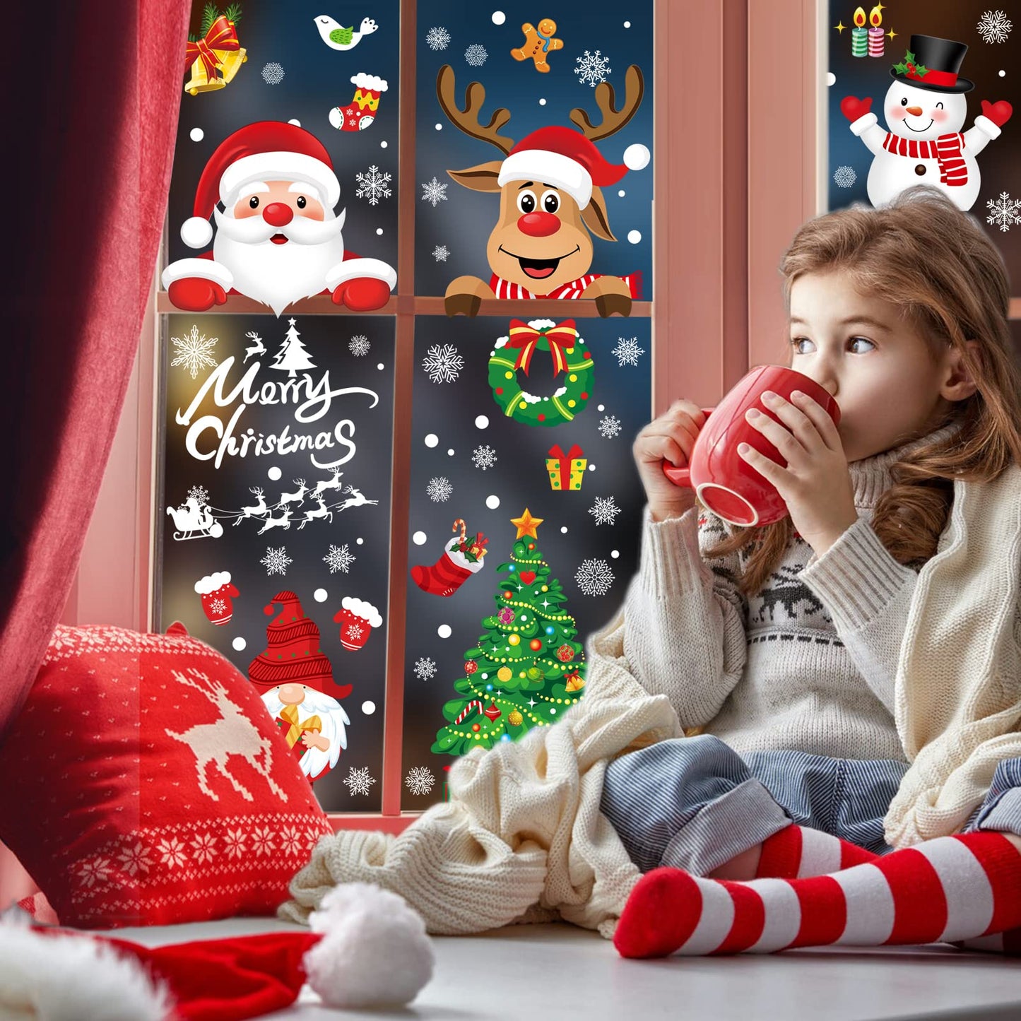 Christmas Window Clings 245pcs Christmas Decals Reusable Double Sided Printed Self Adhesive Window Decorations Santa Claus, Moose, Snowman,Socks,Dwarfs,Xmas Tree and Snowflakes Window Clings, 9 Sheet