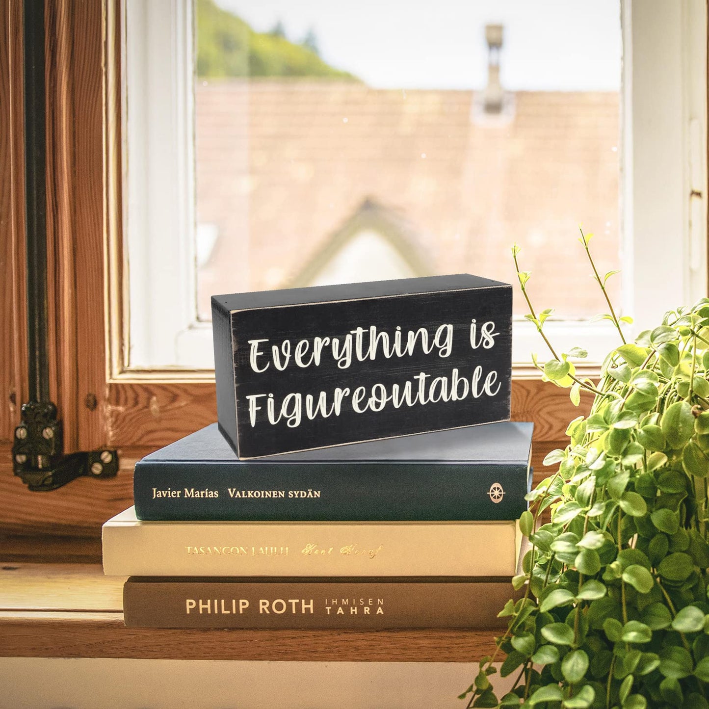 Esur Home Office Desk Black Decor - Inspirational Farmhouse Wooden Box Sign - Everything is Figureoutable
