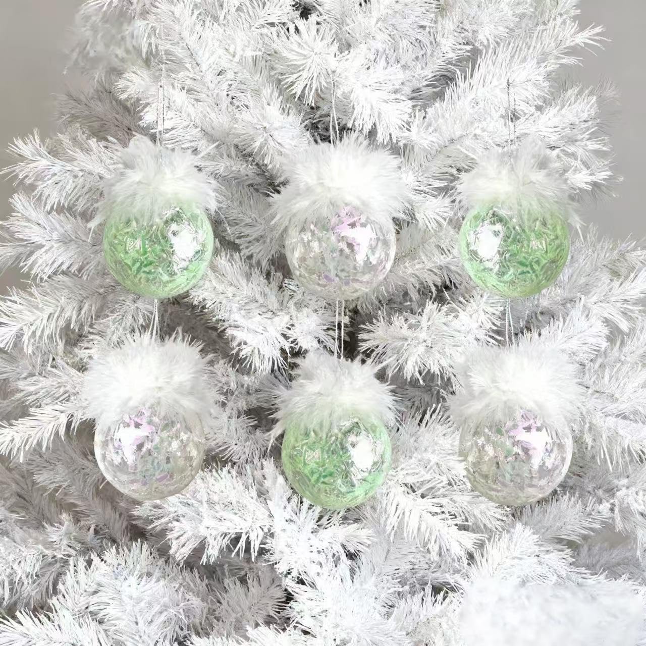 Feather Christmas Ornaments Ball for Home Décor – Clear & Soft Green Glitter Hanging Baubles, Shatterproof Modern Tree Decorations for Living Room, Fireplace, Table Styling, 6 Pack 2.36inch