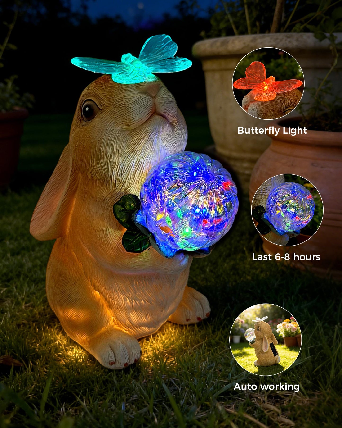 Hogni Solar Bunny Garden Statue Outdoor Decor, Rabbit Figurines with LED Light, Waterproof Solar Powered Yard Art for Patio, Balcony, Lawn, Cute House Warming & Birthday Gifts for Mom, Grandma, Women