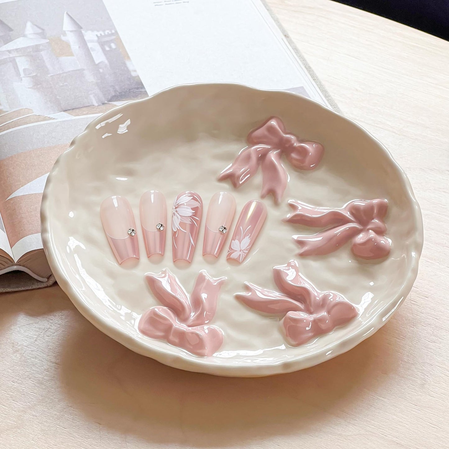 Ceramic Jewelry Tray Ring Dish Holder for Women, Trinket Plate Bowl with Pink Bow, Large Jewelry Organizer for Vanity Decor, Home Decoration for Her Mother's Day