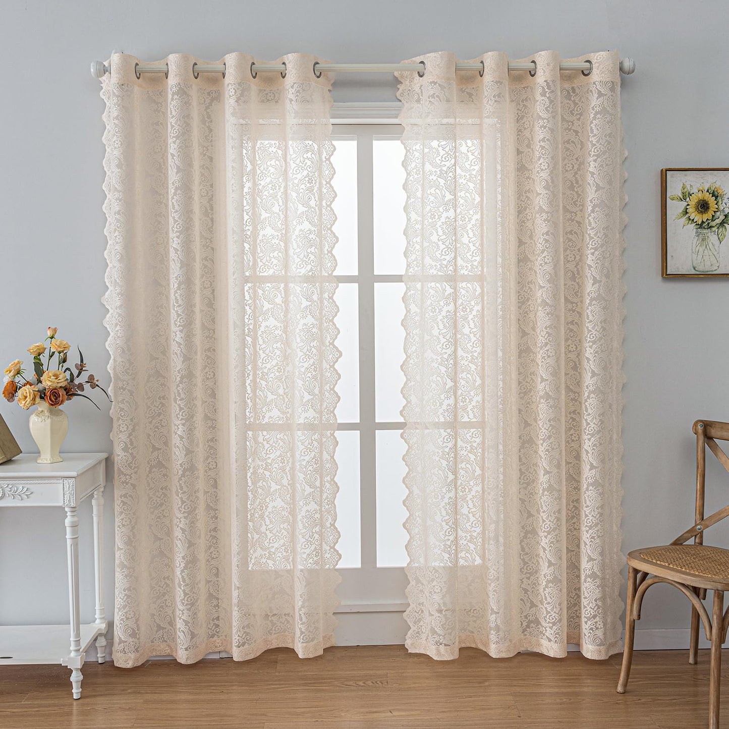 Anytime Beige Lace Sheer Curtain Panels for Living Room Elegant Window Treatment Sets Light Filtering Translucent Draperies for Office (2 Panels,W55 x L72inch)