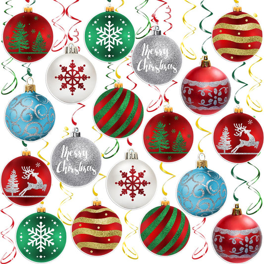 Christmas Hanging Swirl Decorations - 30 Pcs Christmas Ball Hanging Foil Swirl Xmas Tree Snowflake Elk Ceiling Decor for Xmas Holiday Party Supplies