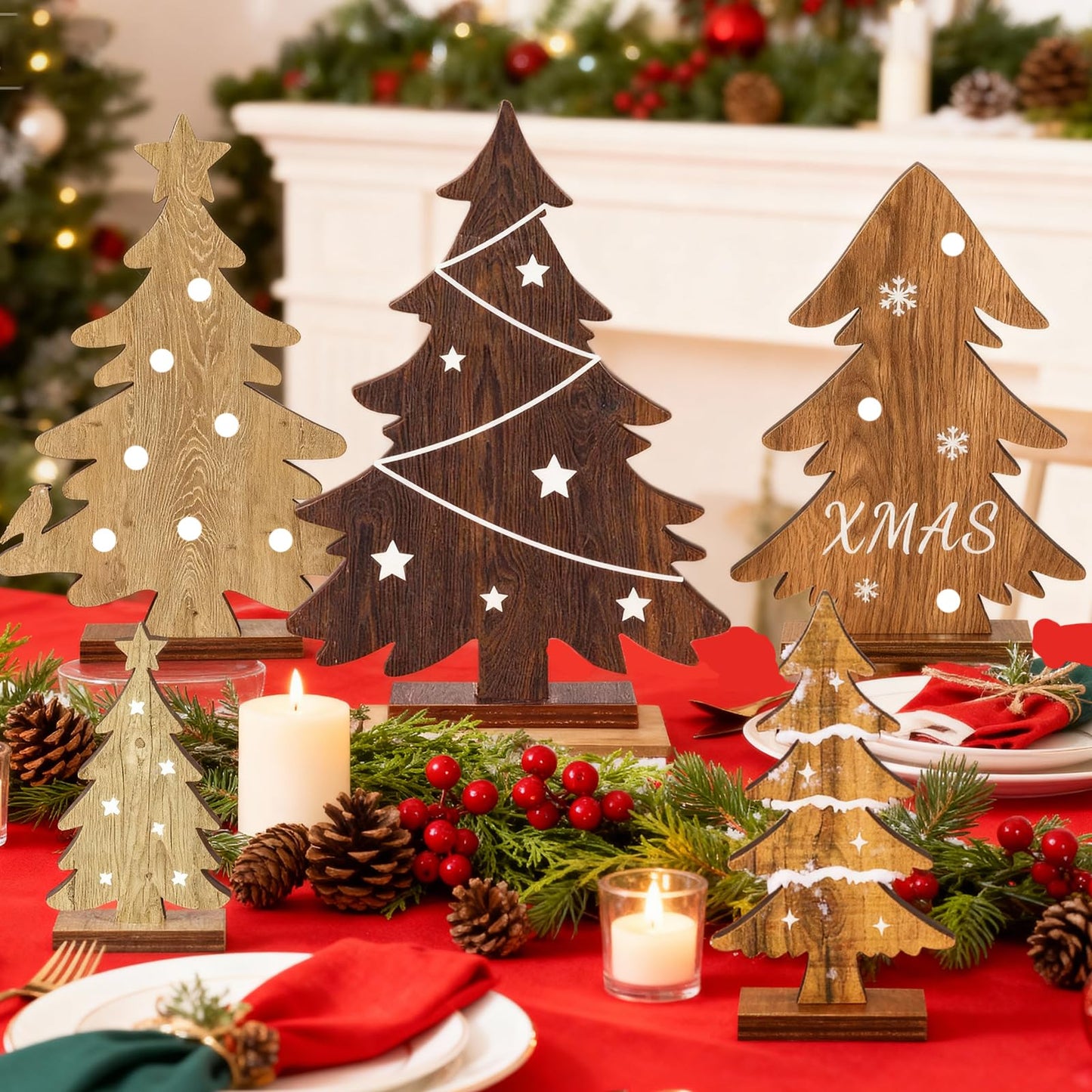 Christmas Decorations Indoor - 5PCS Wooden Christmas Trees Tabletop Shelf Decor Rustic Christmas Decorations Table Centerpieces Wooden Trees Sign for Home Office Fireplace Farmhouse Xmas Party