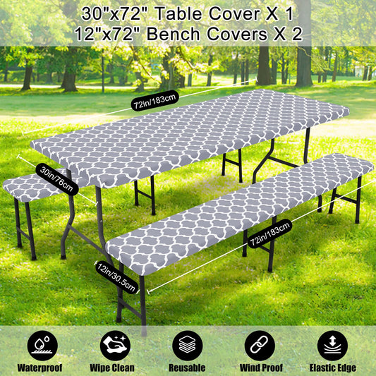 Smiry Picnic Table Cover with Bench Covers, Waterproof Elastic Fitted Tablecloth for 6 Foot Tables, Washable Polyester Tablecloths for Camping, Indoor & Outdoor (Grey, 30x72 Inch 3-pc Set)