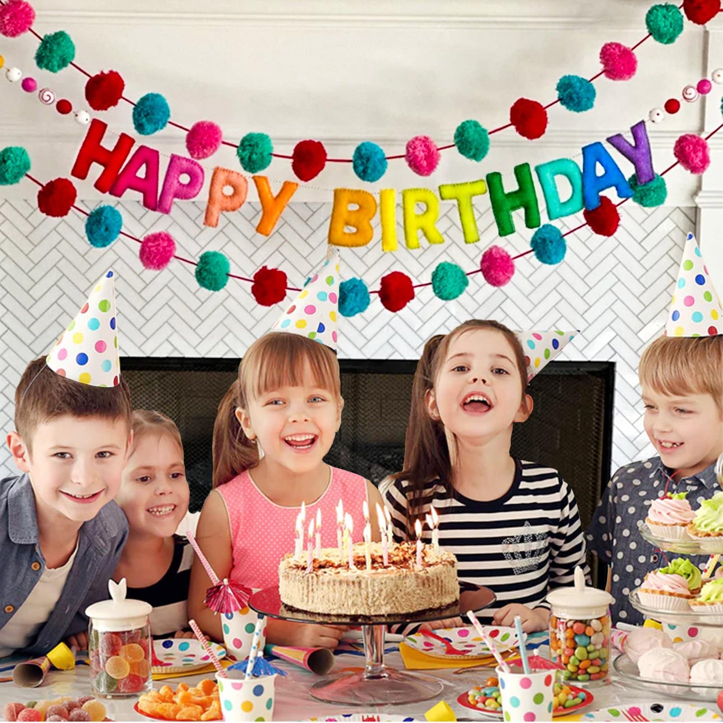 Pre-Strung Happy Birthday Banner - Felt Ball Garland - Reusable HAPPY BIRTHDAY Garland, Rainbow Party Decorations, Personalized Holiday Sign for Party Decor, Kids Room Decor, Photo Prop (Rainbow)