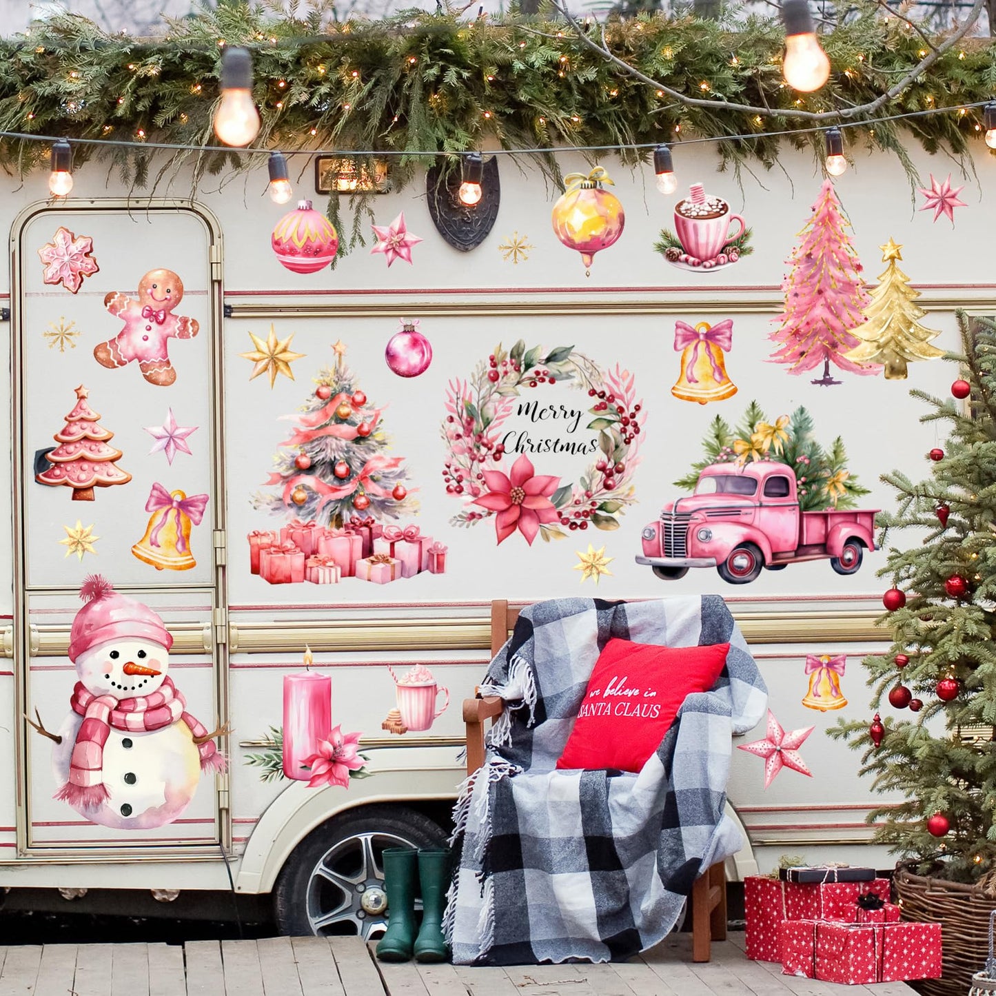 JarThenaAMCS Christmas Wall Stickers Xmas Tree Snowman Santa Wall Decals Large Pink Gold Room Mural Stickers for Winter Home Party Decor, 7.9 x 11.8 Inch, 9 Sheets