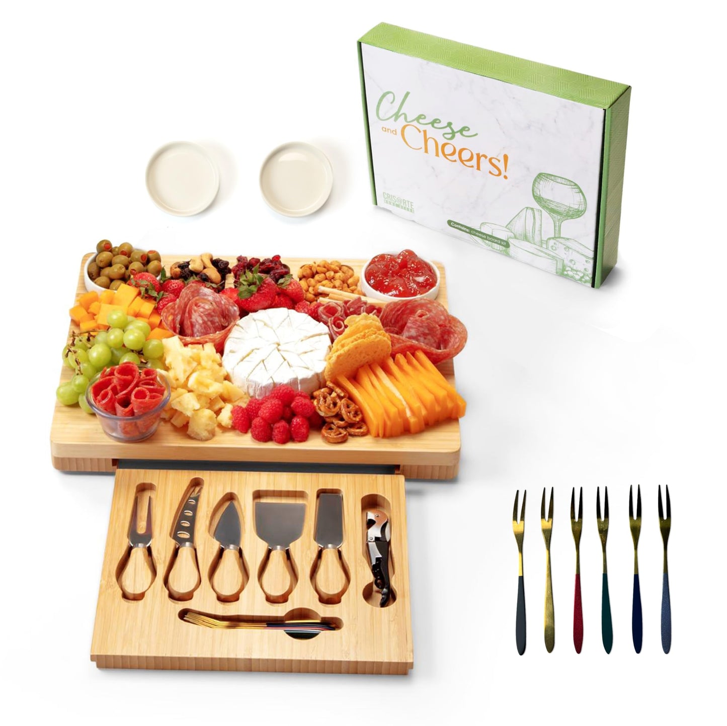 Charcuterie Board and Cheese Board Set with Knives, Bowls, Color Forks & Wine Opener – Premium Appetizer Platter with Compartments, Eco Friendly Charcuterie Accessories for Stylish Hosts.