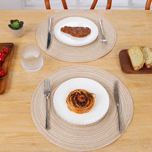 SHACOS Round Placemats Set of 6 Cotton Polyester Braided Place Mats 15 inch Heat Resistant Washable Table Mats for Kitchen Dining Party Natural Table Decor (Beige, 6)