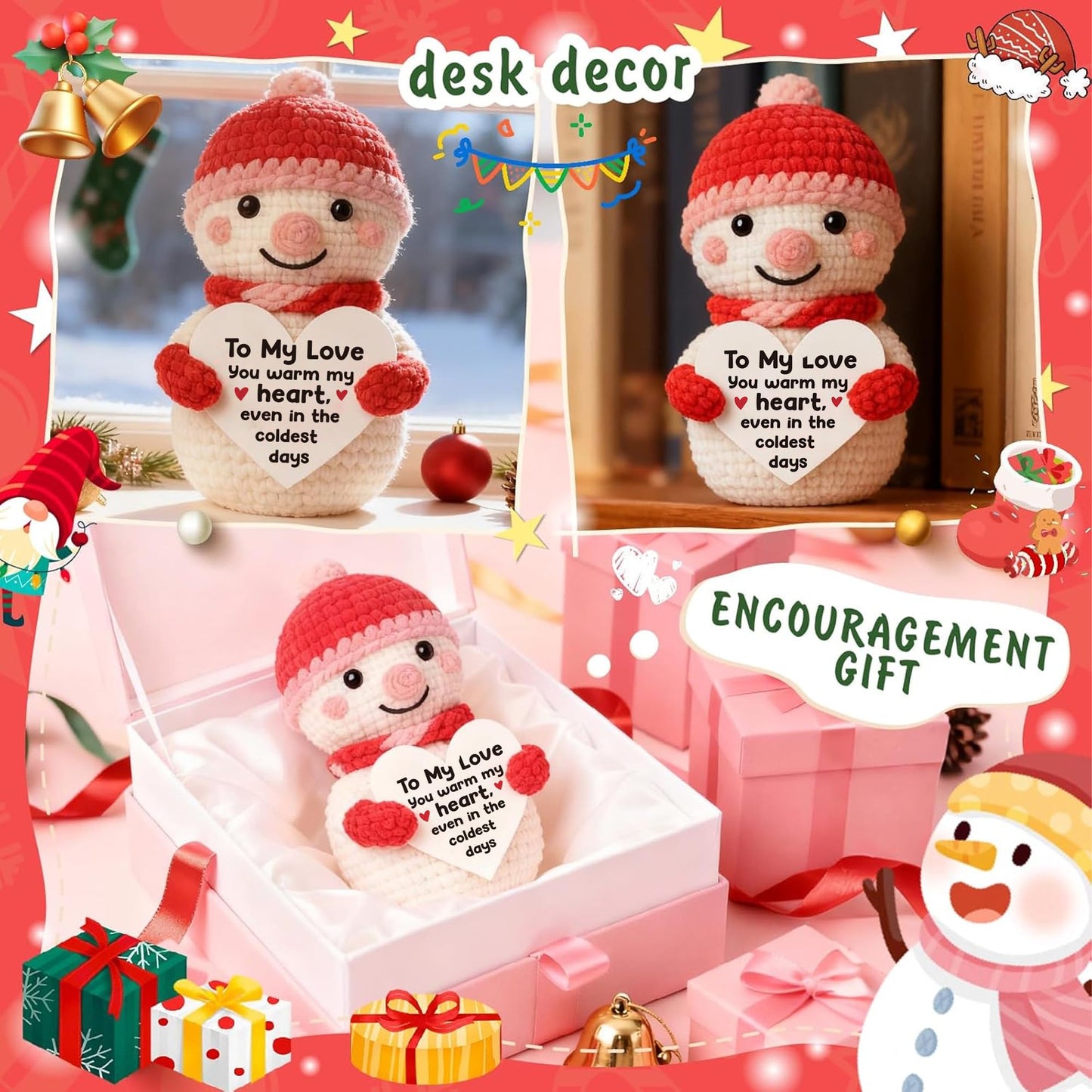 Touodo Handmade Crochet Snowman Doll with Gift Card – Cute Winter Holiday Plush Toy for Loved One, Friend, Boyfriend, Girlfriend, Wife, Husband
