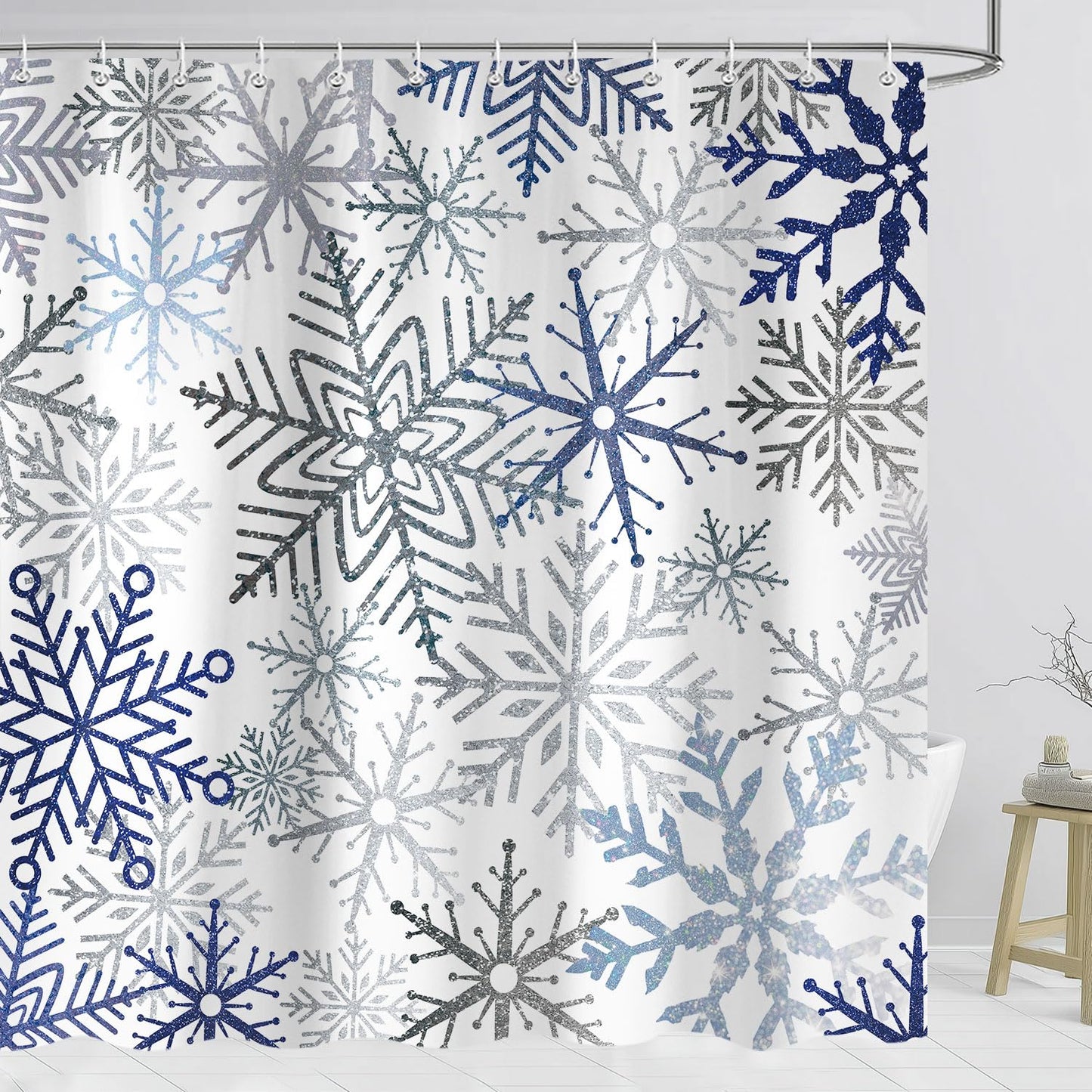 Raoycla Christmas Snowflake Shower Curtain, Blue Xmas Winter Snow Bathroom Decor, Silver Grey Snowflake Christmas Holiday Simple Shower Curtains for Bathroom 72 x 72 Inch with 12 Hooks