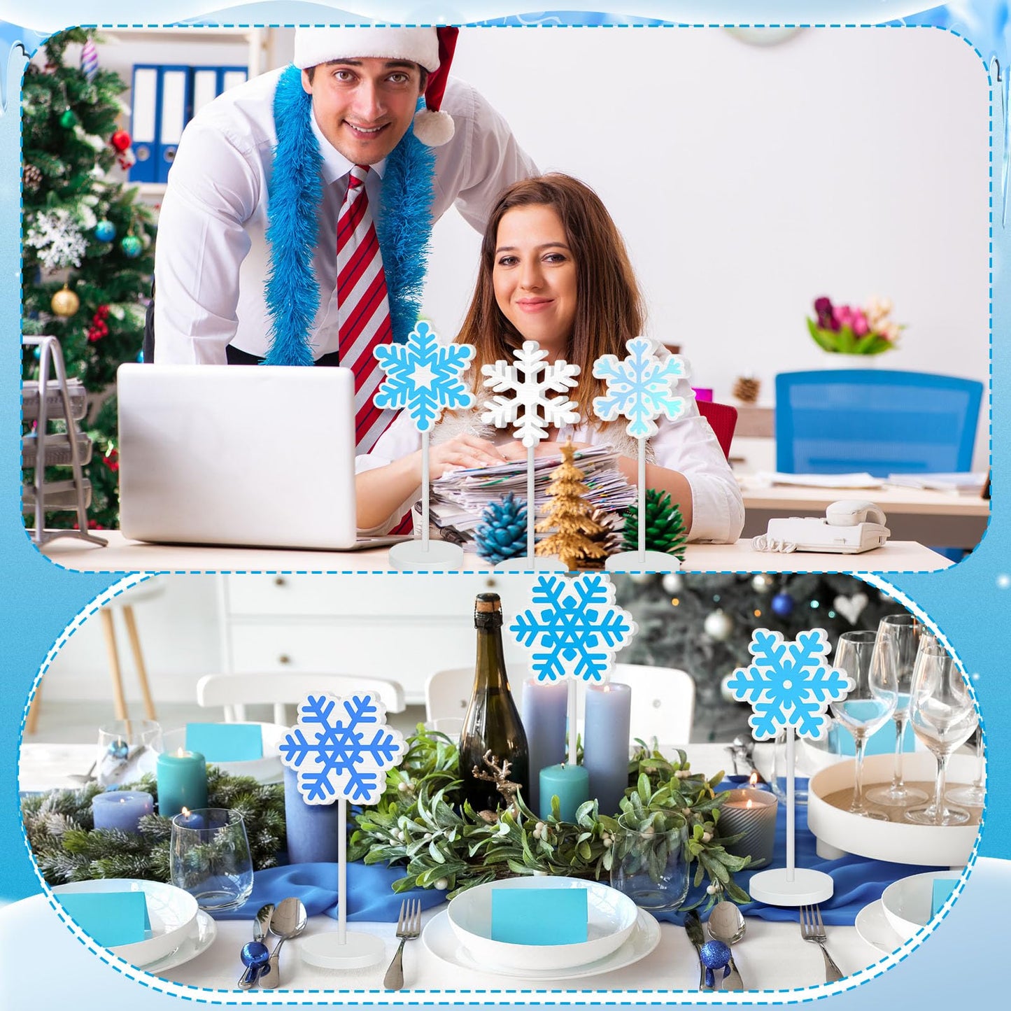 Geelin 10 Pcs Wooden Snowflake Table Decor Winter Decoration Snowflakes Table Centerpiece Standing Snowflakes Tabletop Signs Tabletop Gift for Winter Holiday Wonderland Home Desk Party Decoration