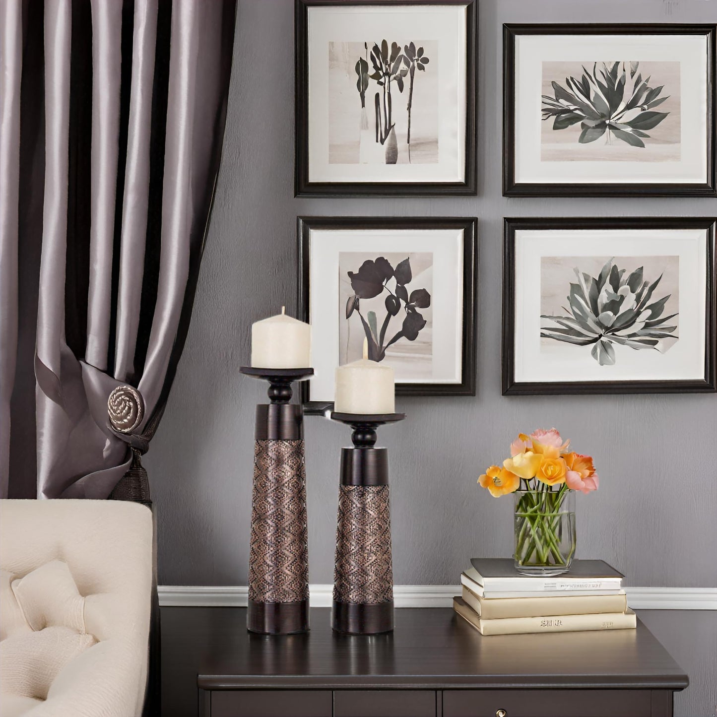 Creative Scents Dublin Brown Pillar Candle Holder Set of 2 - Home Decor Aesthetic, Coffee Table Decor Mantel Centerpieces Table Decorations, Living Room Decor or Dining Tabletop Decor -Gift Packaged-