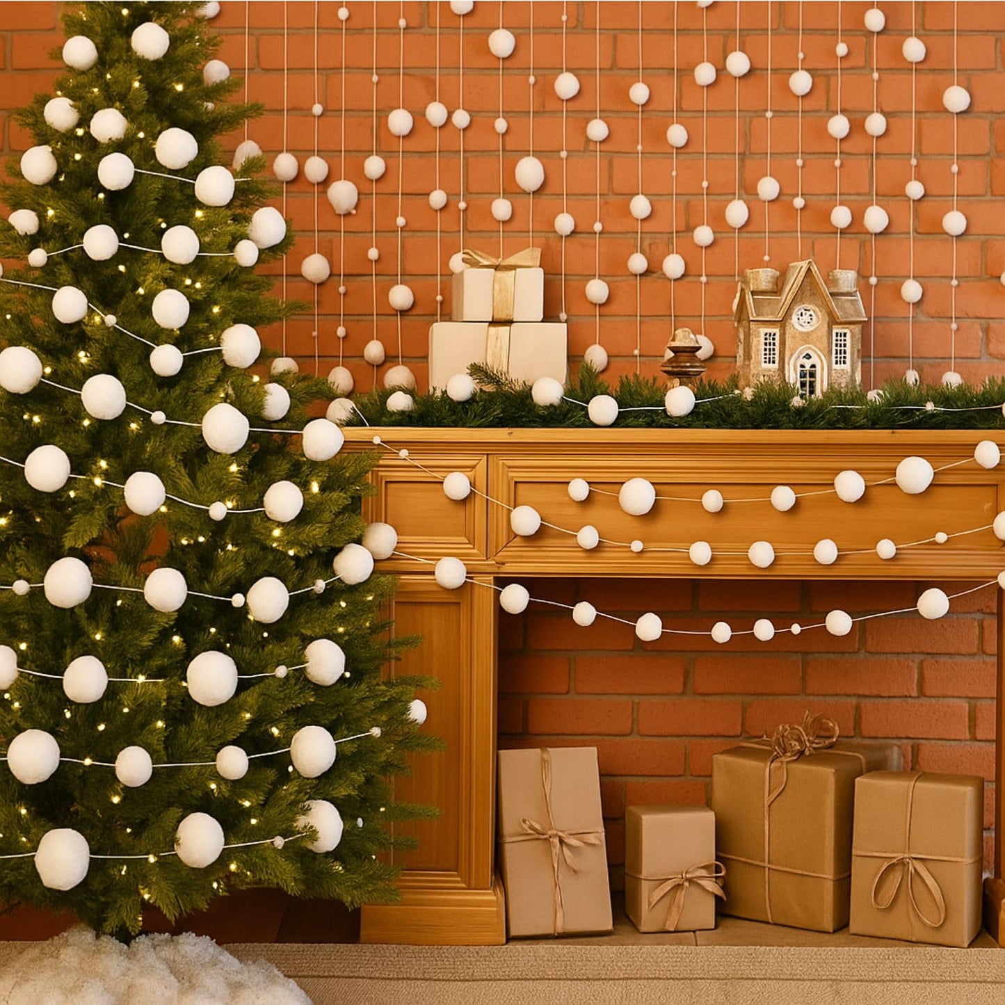 Tegeme 12 Pcs Winter Snowball Garland 6.5 Feet White Pom Pom String Garland Winter Party Wonderland Decoration Snow Ball Hanging Banner White Snowball Decor for Ceiling Tree Holiday Party Wall Home