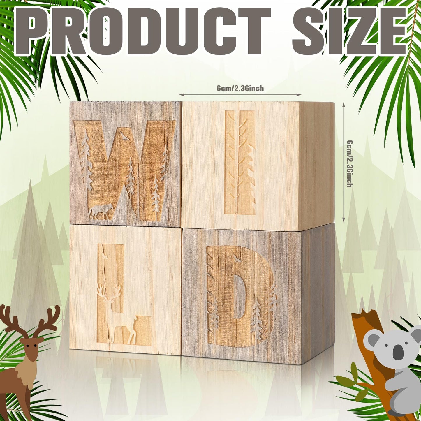 RattanView 4 Pcs 2.4 Inch Woodland Wild Nursery Wood Decor Nursery Wood Shelf Blocks for Bedroom Playroom Gifts Wild Sign Woodland Table Blocks Decor for Boys Girls
