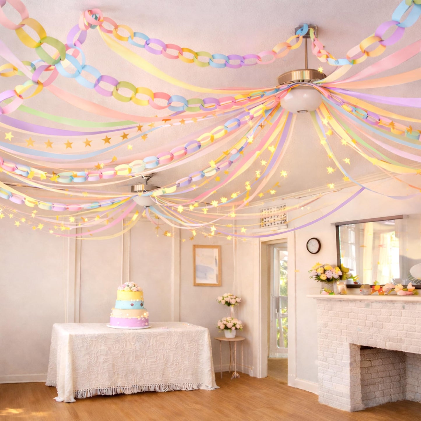 Gleebixi Pastel Birthday Party Decorations Kit with 492ft Crepe Paper Streamers, 300 Sheets Paper Chain Strips and 78.6ft Gold Star Garland for Hanging Decor