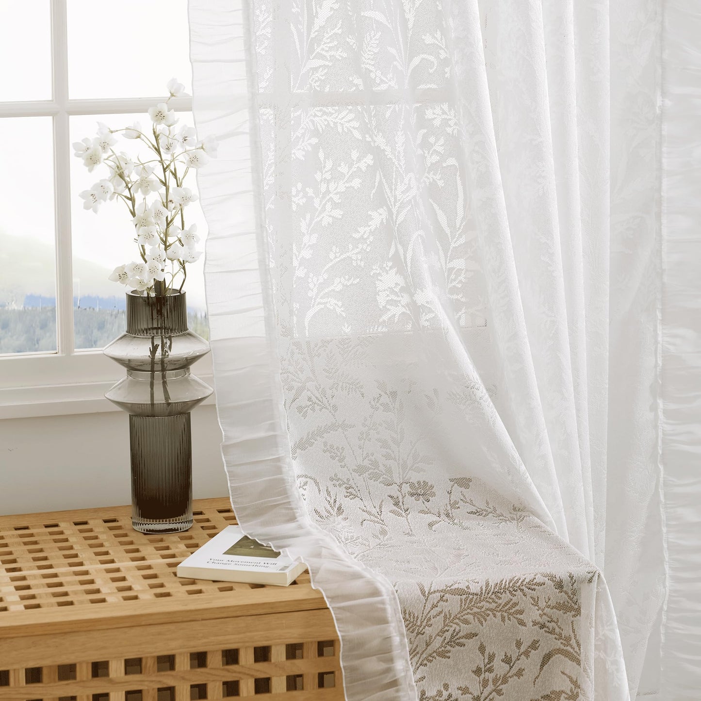 NICETOWN White Sheer Shabby Chic Lace Curtains for Bedroom, Rod Pocket & Back Tab Leaf Pattern Semi Sheer Window Treatments Privacy with Light Filtering for Living Room, 2 Panels