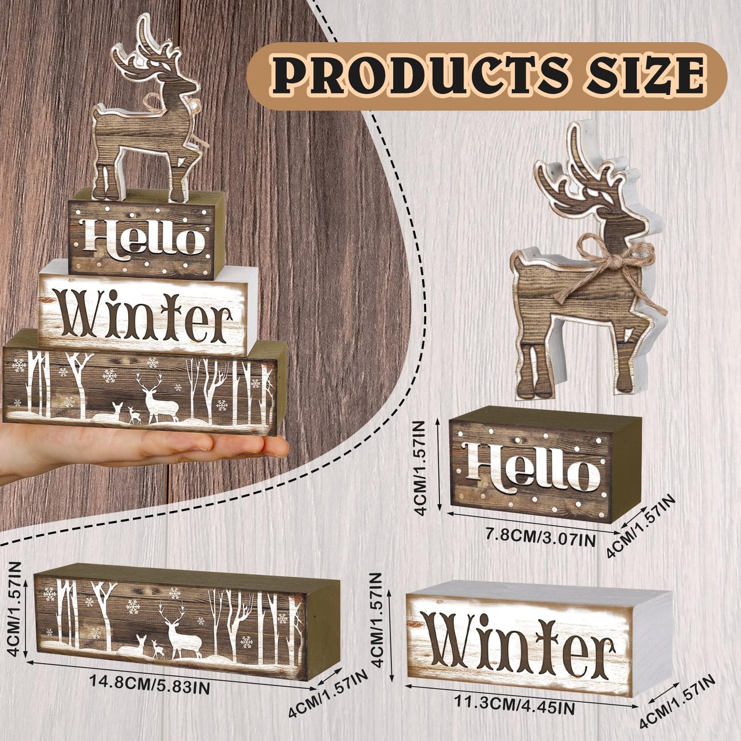 Moucuny 4 Pcs Hello Winter Table Decor Winter Tiered Tray Decor Elk Wooden Decorative Signage Centerpieces Farmhouse Wooden Block Set Table Sign for Home