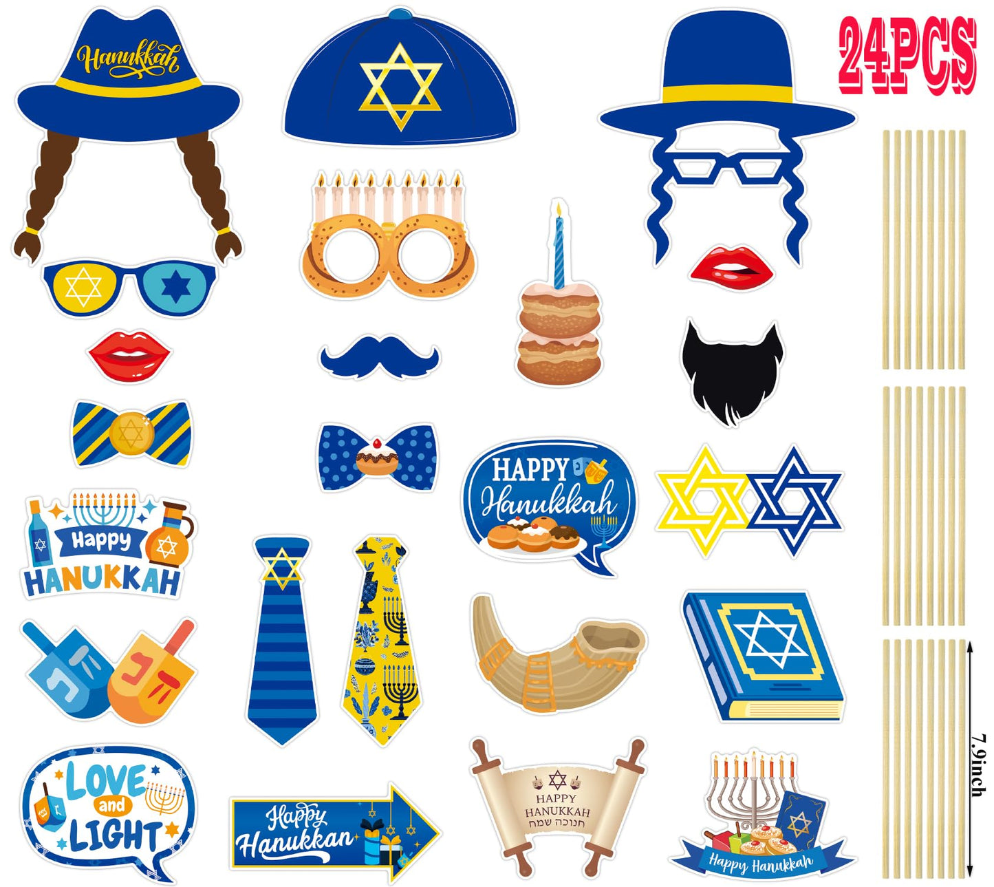 Hanukkah Photo Booth Props Party Supplies - Funny Jewish Chanukkah Party Favors Decorations - Jewish Holiday Cardstock Photo Props with Assembly Sticks - Set of 24 Counts