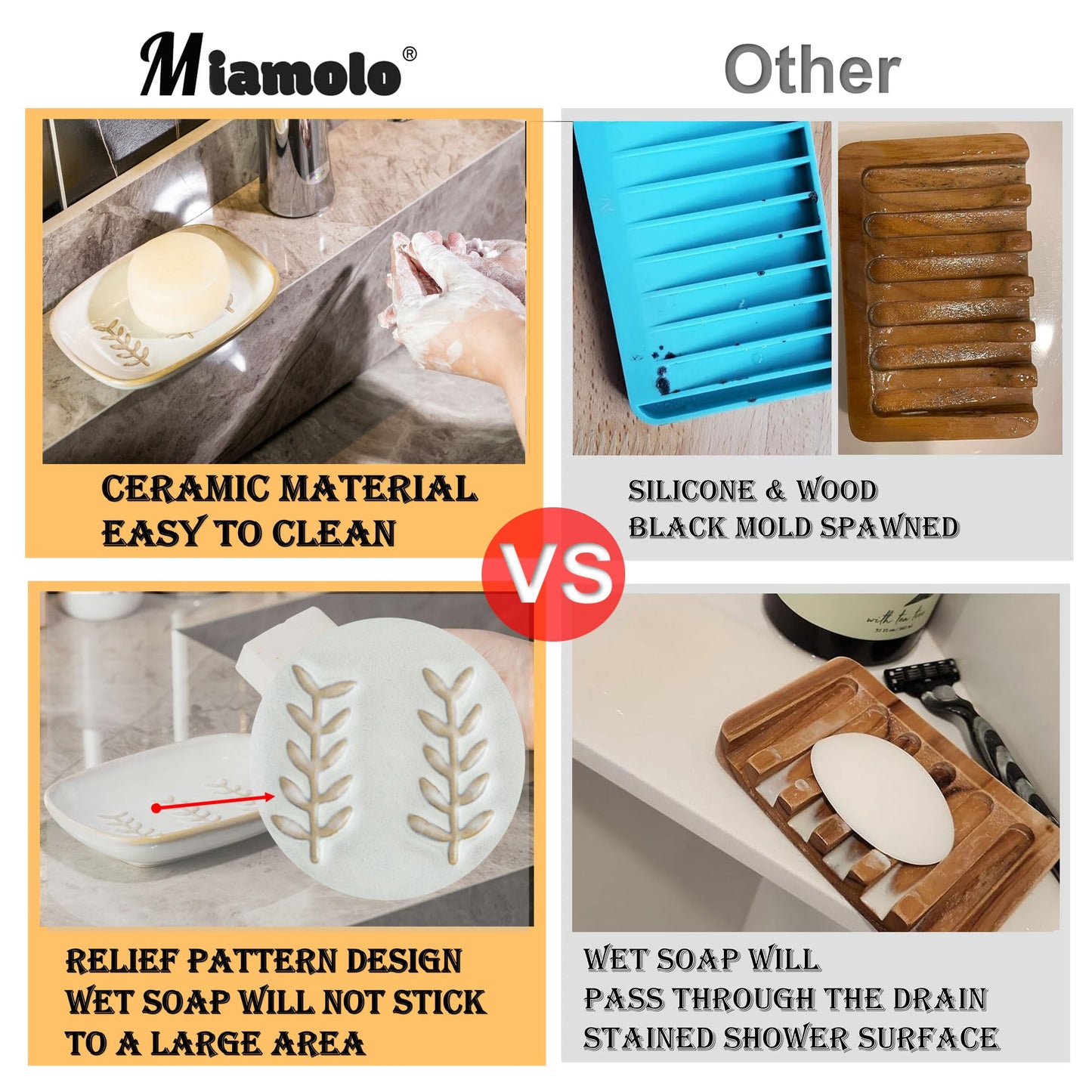 Miamolo Soap Dish Bar Cleaner Dish for Shower, Ceramic Soap Dishes for Large Soap Bar Shampoo or Sponge, Shower Soap Dish Soap Saver Tray for Bathroom Kitchen Sink, Easy to Clean