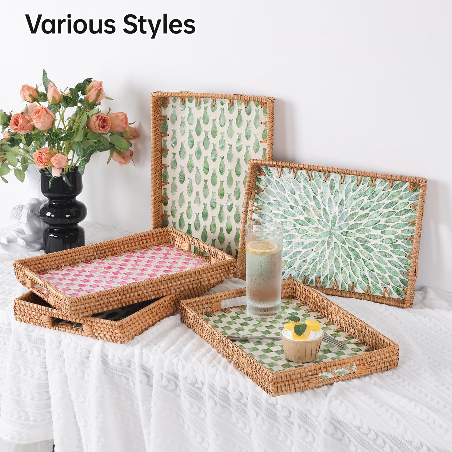 Tynulox Rectangle Rattan Tray with Mother of Pearl Inlay, Rattan Serving Tray with Handle for Coffee, Bread, Fruits, Snacks, Decorative Wicker Tray for Table Decor (Rectangle Green Leaf, 13"×9")