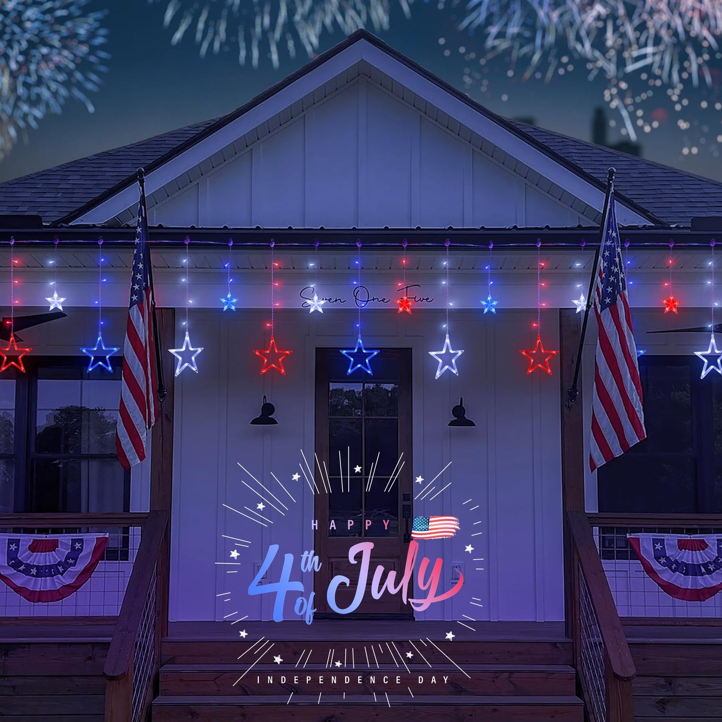 MYGOTO 4th of July Patriotic Star Icicle Lights,8.2ft 126LED red White and Blue Curtain String Waterproof, 8 Modes with Timer Connectable Independence Day Decorations Window Lights for Outdoor Indoor
