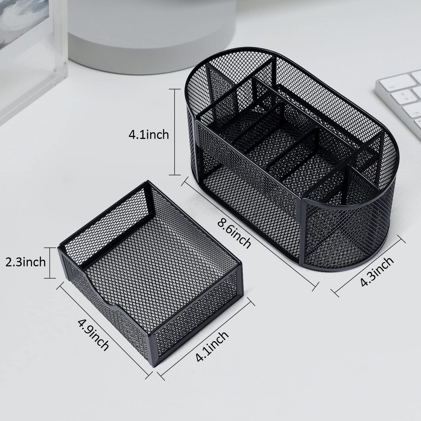 Byjoph Black Mesh Pen Holder Desk Organizer Cute Office Supplies Pencil and Marker Organizers Oval Desk Caddy with 8 Compartments and 1 Drawer Workspace Accessories for Office School Home