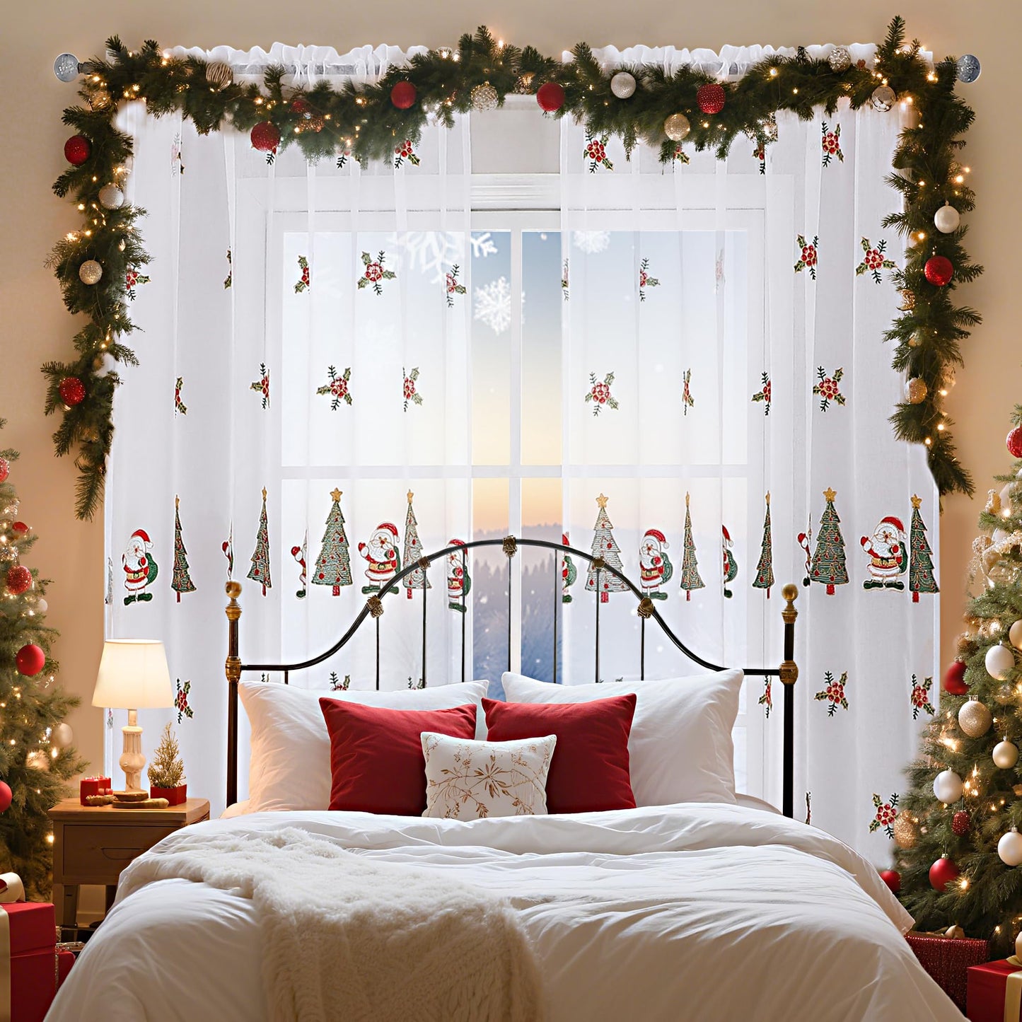 BROSHAN Red Embroidered Sheer Christmas Window Curtains 84 inches Long for Living Room- Xmas Tree Santa Patterned White Drapes 2 Panels Set for Winter Holiday Bedroom Dining Room Decor,Gold Green