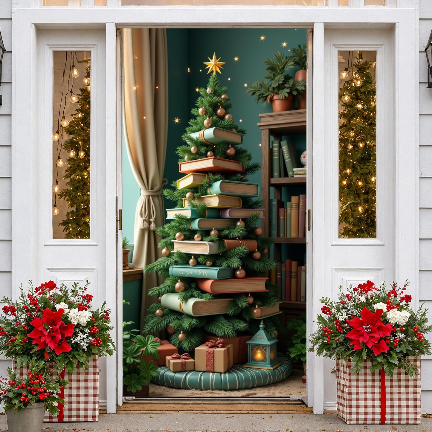 Merry Christmas Door Cover, Christmas Tree Door Hanging Backdrop Decoration Xmas Tree Porch Sign Front Door Banner Gifts for Winter Holiday New Year Xmas Office Home Party Supplies