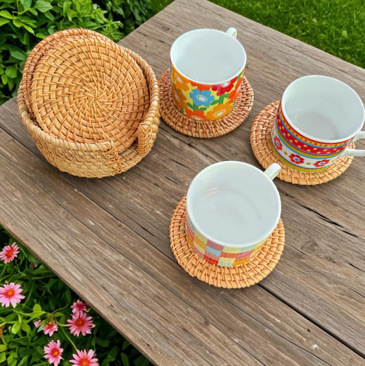 Set of 6PCS Handmade Rattan Coasters with Holder, Natural Wicker Boho Coasters, Heat-Resistant for Hot & Cold Drinks (Natural Rattan)