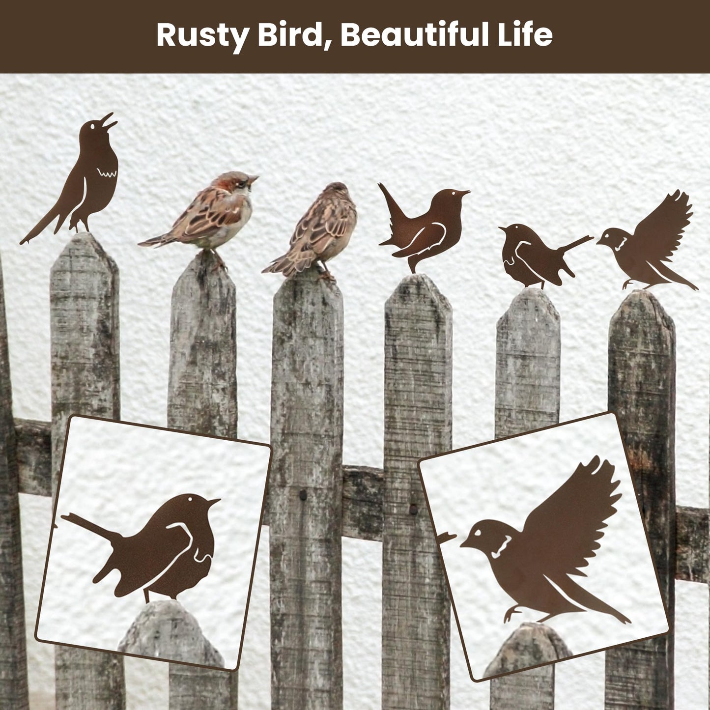MIRATE 5PCS Rusty Metal Birds Decoration,Outdoor Fence Yard Decor,Metal Birds Craft Statue Ornaments for Yard Art,Garden Decor