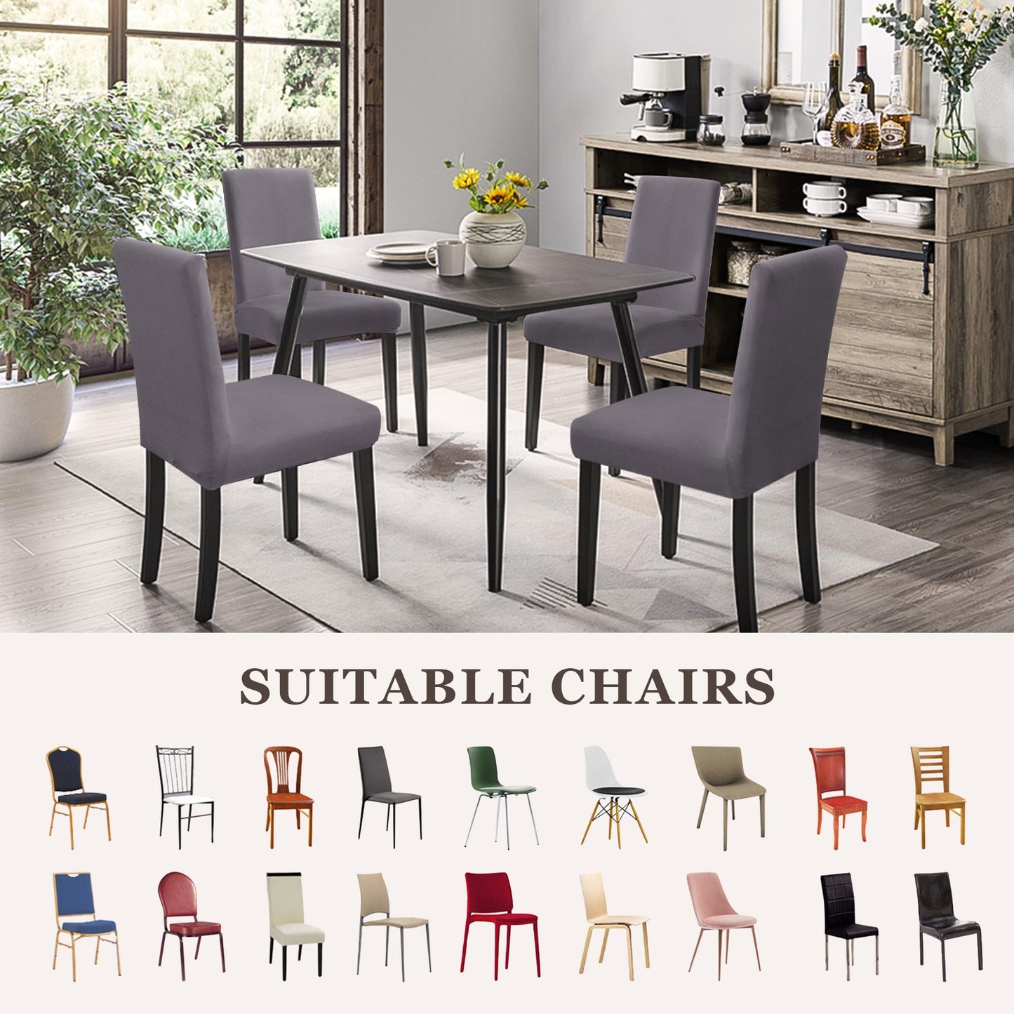 Sufdari Dining Chair Covers,Kitchen Cover,Parsons Slipcover,Spandex Protectors for Room Stretch Chairs Cover Set of 4 -Gray