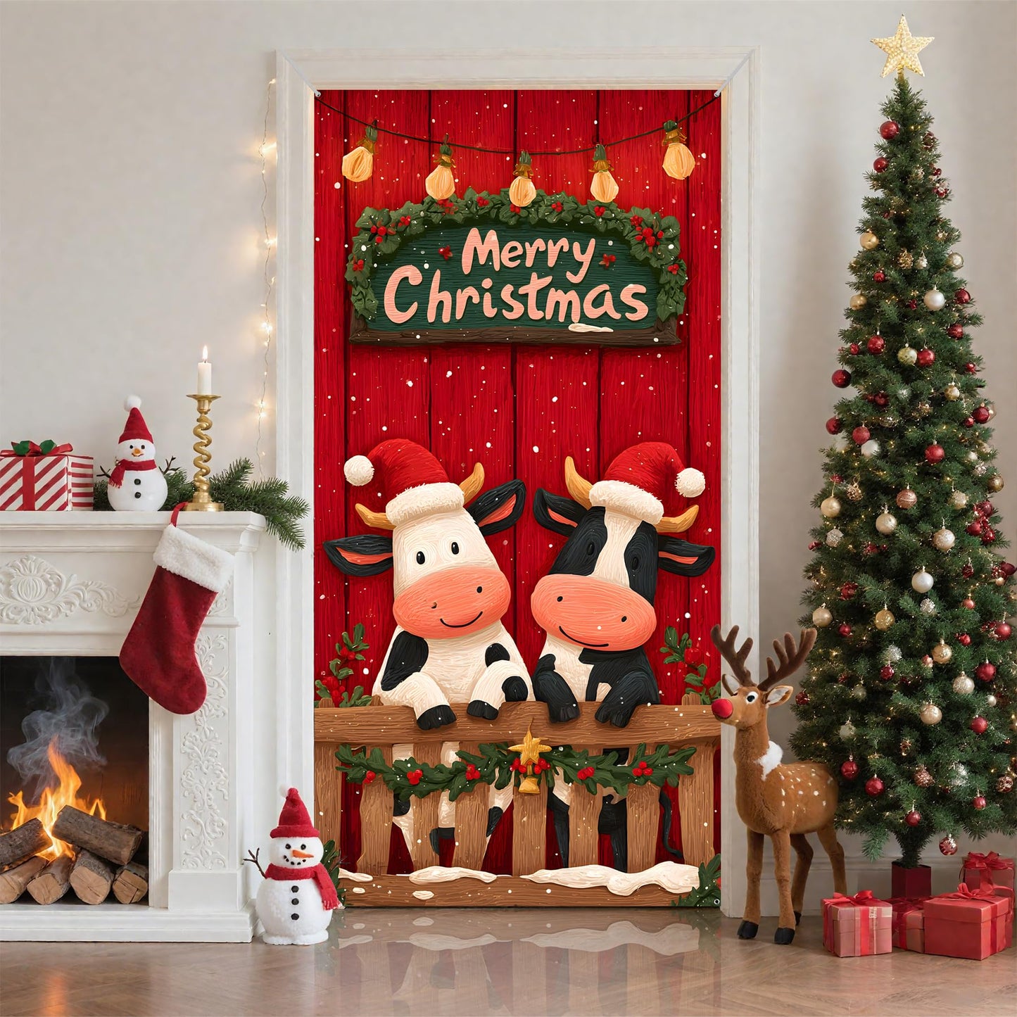 Christmas Door Cover, 35.4 x 70.8 inch Merry Christmas Door Cover Hanging Banner Backdrop Xmas Winter Holiday Decor for Front Door, Two cows