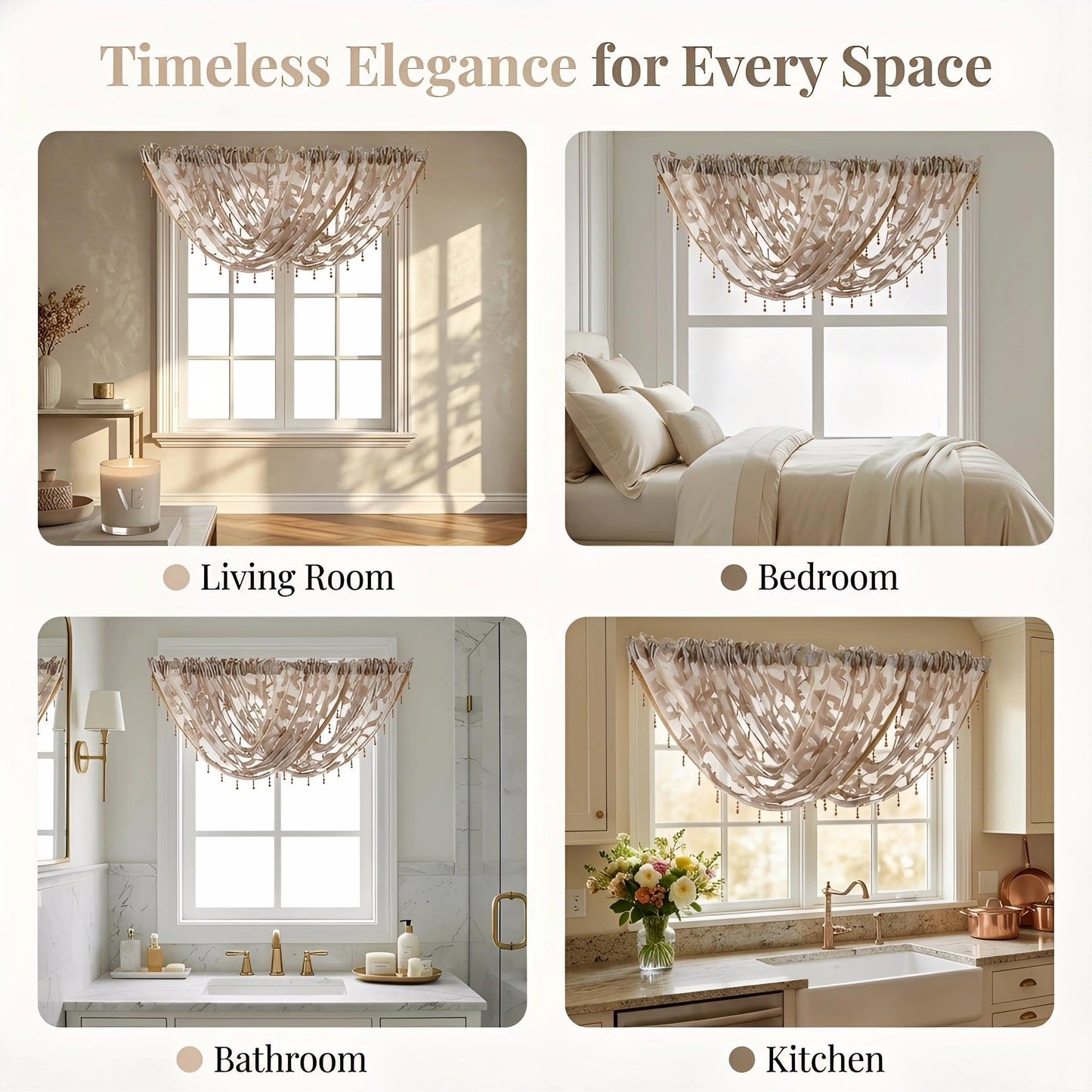 NAPEARL Swag Valance for Windows Tan Beige Organza Sheer Waterfall Curtain, Decorative Elegant Beaded Tassel Trim Rod Pocket Sheer Window Treatment for Bathroom, Kitchen, Small Windows