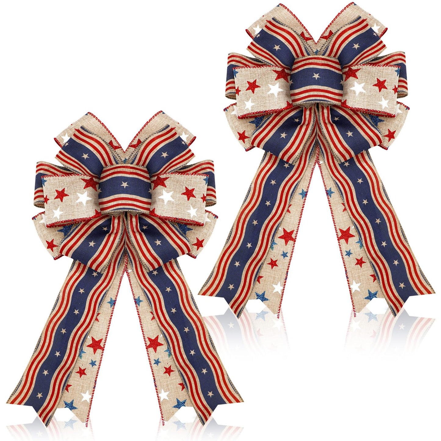 Moucuny 2 Pcs Memorial Day Bows 4th of July Patriotic Burlap Bow Red White Blue Stars Tree Topper American Flag Wreath for Indoor Outdoor 250th Anniversary Independence Party Decoration(Rustic)