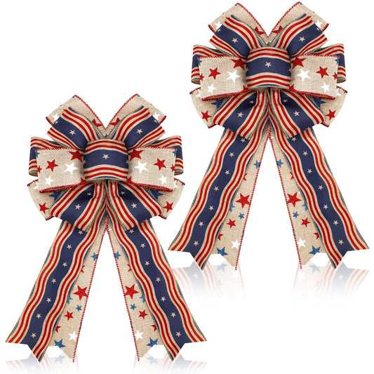 Moucuny 2 Pcs Memorial Day Bows 4th of July Patriotic Burlap Bow Red White Blue Stars Tree Topper American Flag Wreath for Indoor Outdoor 250th Anniversary Independence Party Decoration(Rustic)
