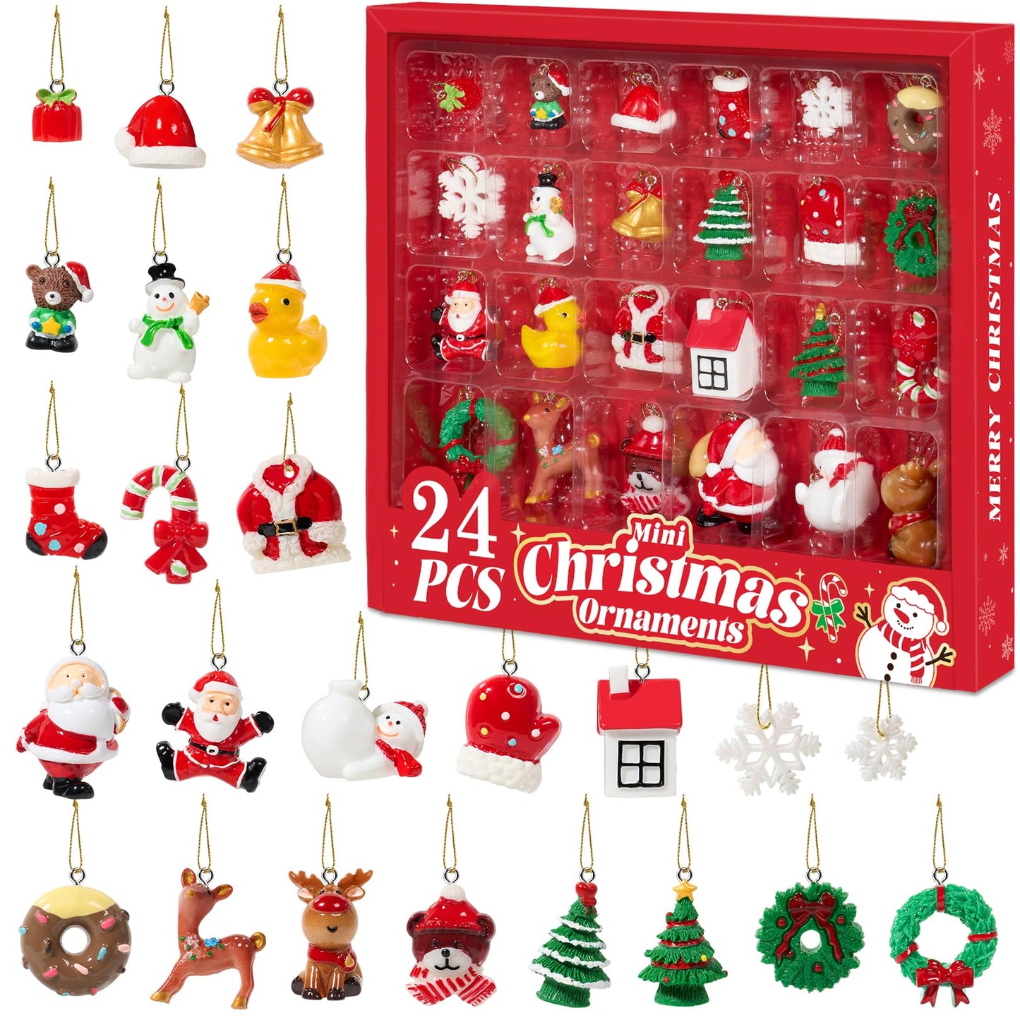 Mini Christmas Ornaments, Sooez Set of 24 Cute Miniature Resin Christmas Tree Ornament Figures Advent Calendar Fillers, Durable & Well-Crafted 3-D Figurines with Gold Loops for Easy Hanging