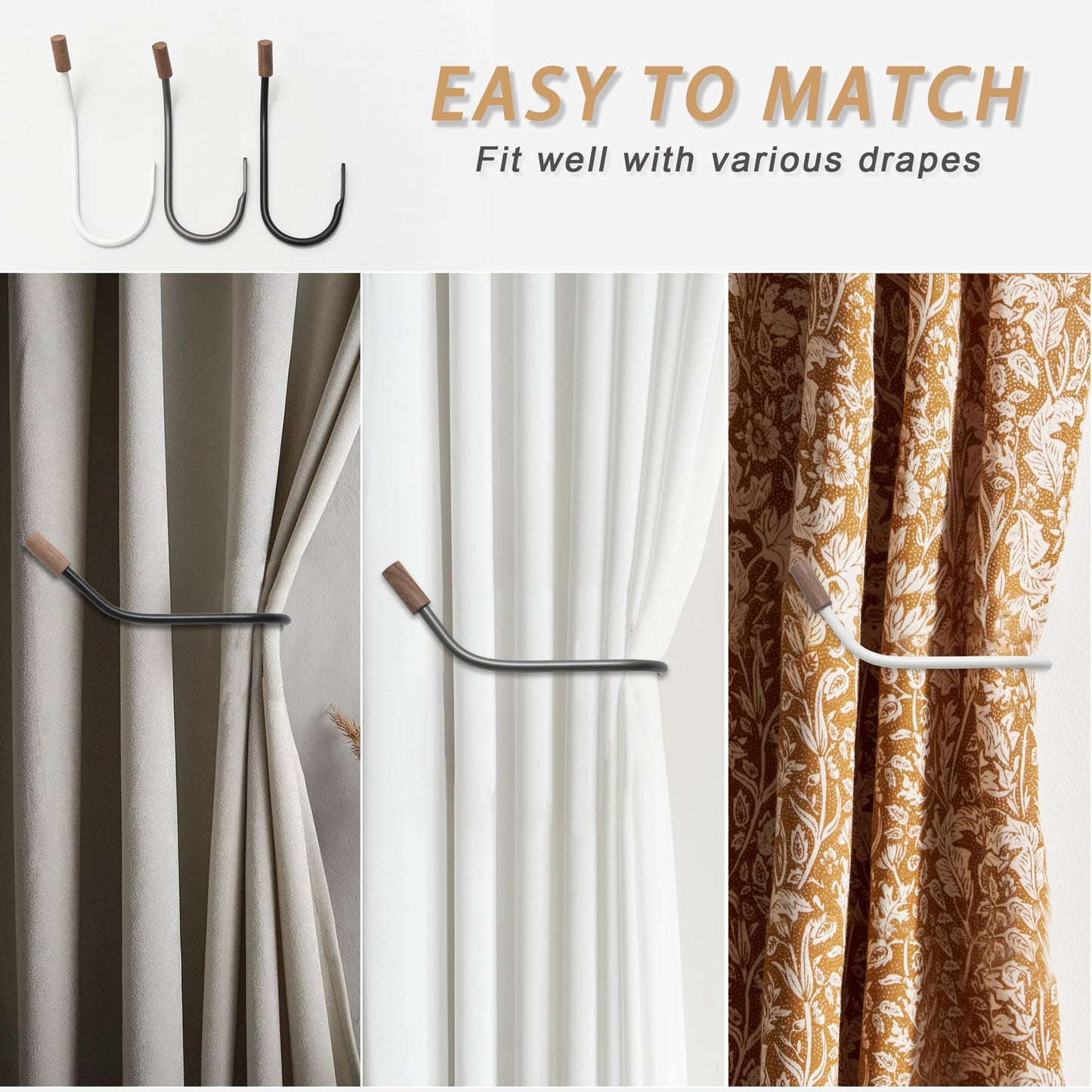 Curtain Tiebacks Rustic Holdbacks for Drapes, Farmhouse Tie Backs for Curtains, Metal Iron Holder, Natural Boho Decor Drapery Holder for Black/Sheer Drapery, Pack-2, White