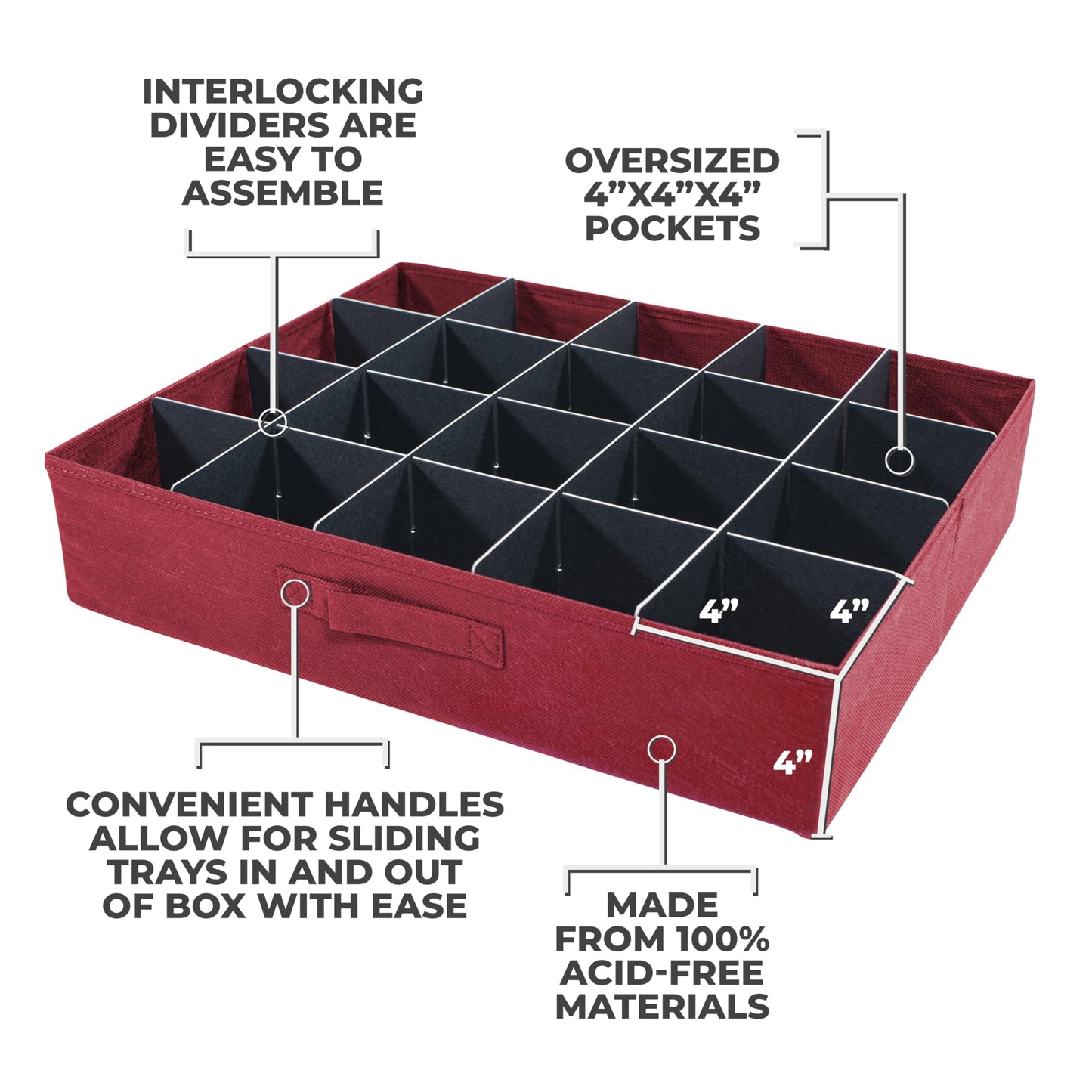 612 Vermont Christmas Ornament Storage Box with 3 Trays, Adjustable Acid-Free Dividers, Holds 60-4 Inch Ornaments