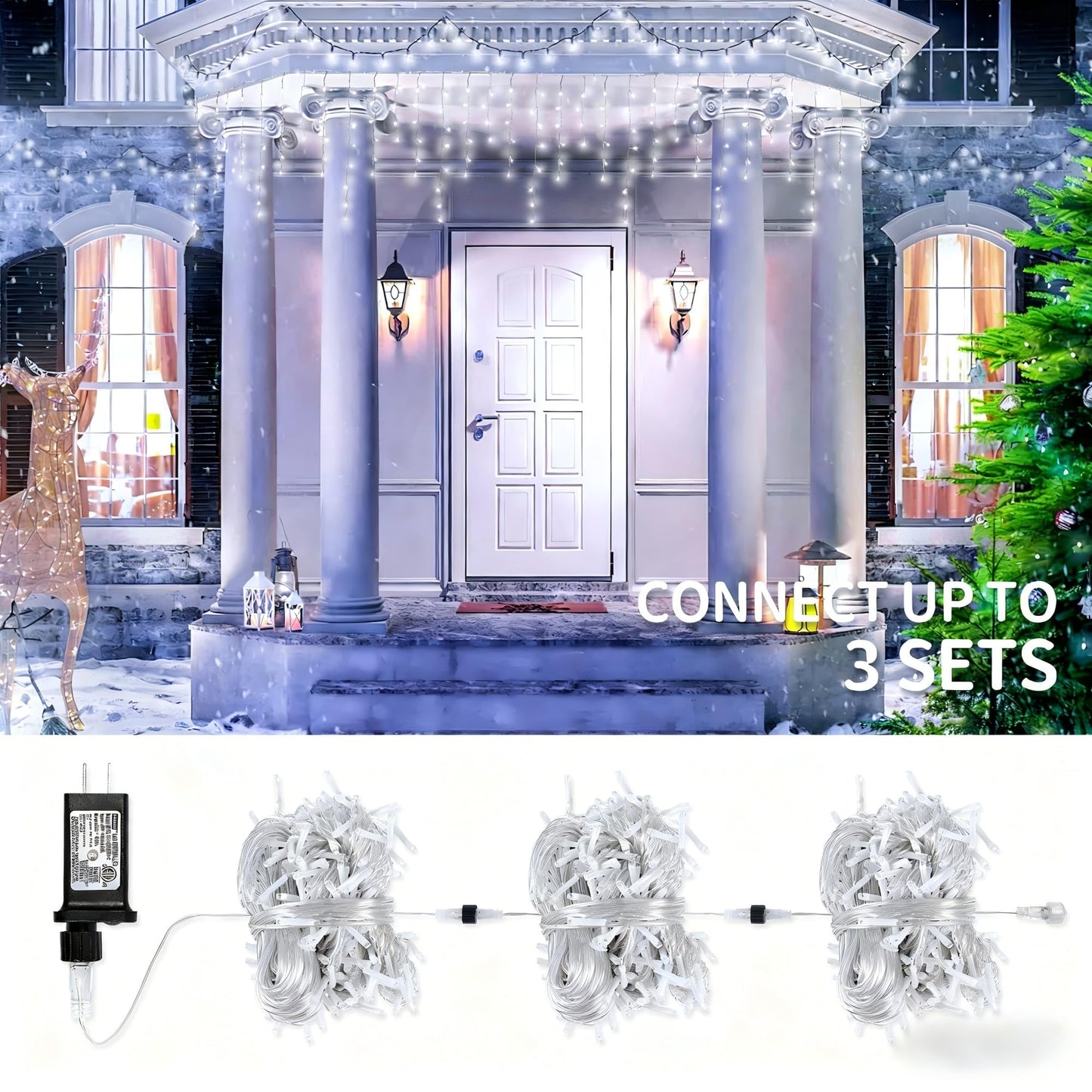 oopswow Icicle Lights Outdoor Decorations 300 LED 33ft 8 Modes Curtain Fairy String Light with 50 Drops, LED String Light Indoor for Wedding Party Holiday Christmas Decorations,White