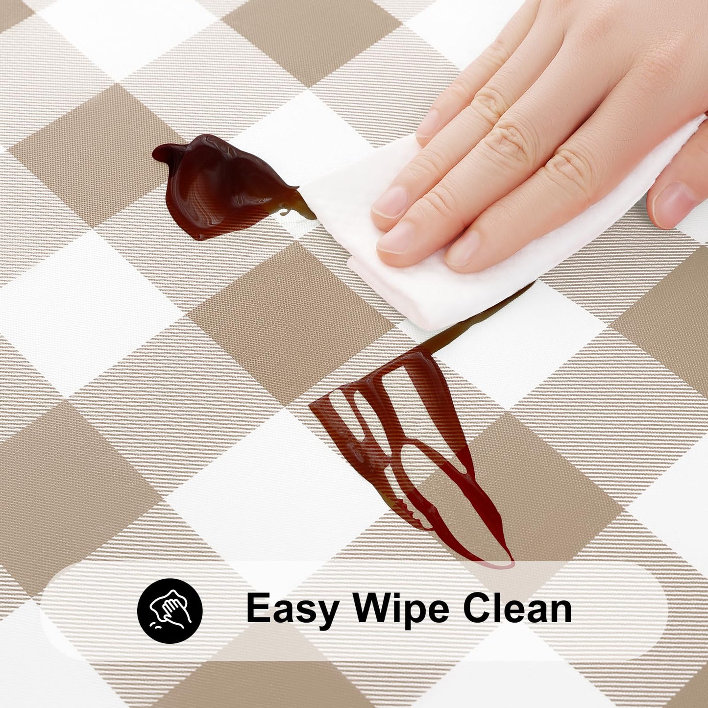 Smiry Rectangle Picnic Table Cloth, Elastic Waterproof Fitted Vinyl Tablecloths, Flannel Backed Buffalo Plaid Table Covers for Dining, Camping, Outdoor (White and Khaki, 30" x 72")