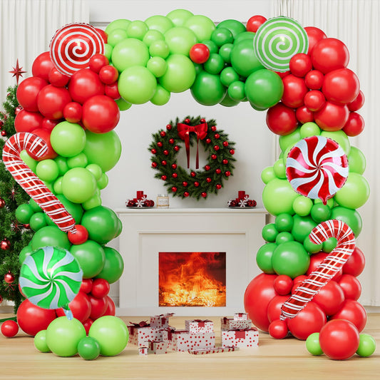Christmas Balloon Arch Kit -129pcs Christmas Balloons With 18inch 12inch 5inch Green Red Lime Green Latex Balloons Candy Cane Balloons For Xmas Party Decorations