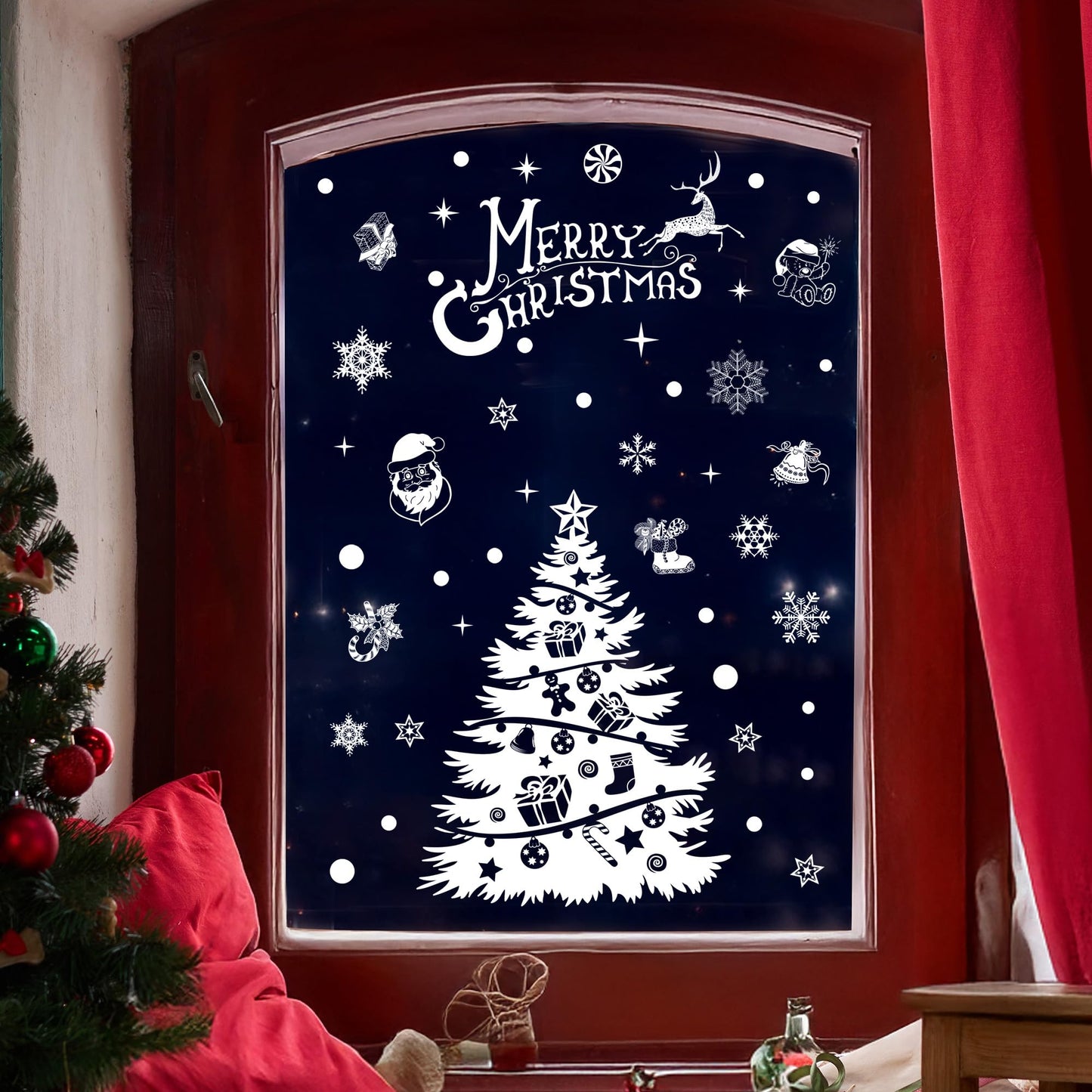 Joeyan Christmas Window Stickers, 9 Sheets Large Christmas Window Clings Decals White Double Sided PVC Snowflake Snowman Xmas Tree Scene Static Sticker for Christmas Decorations, 202 Pcs