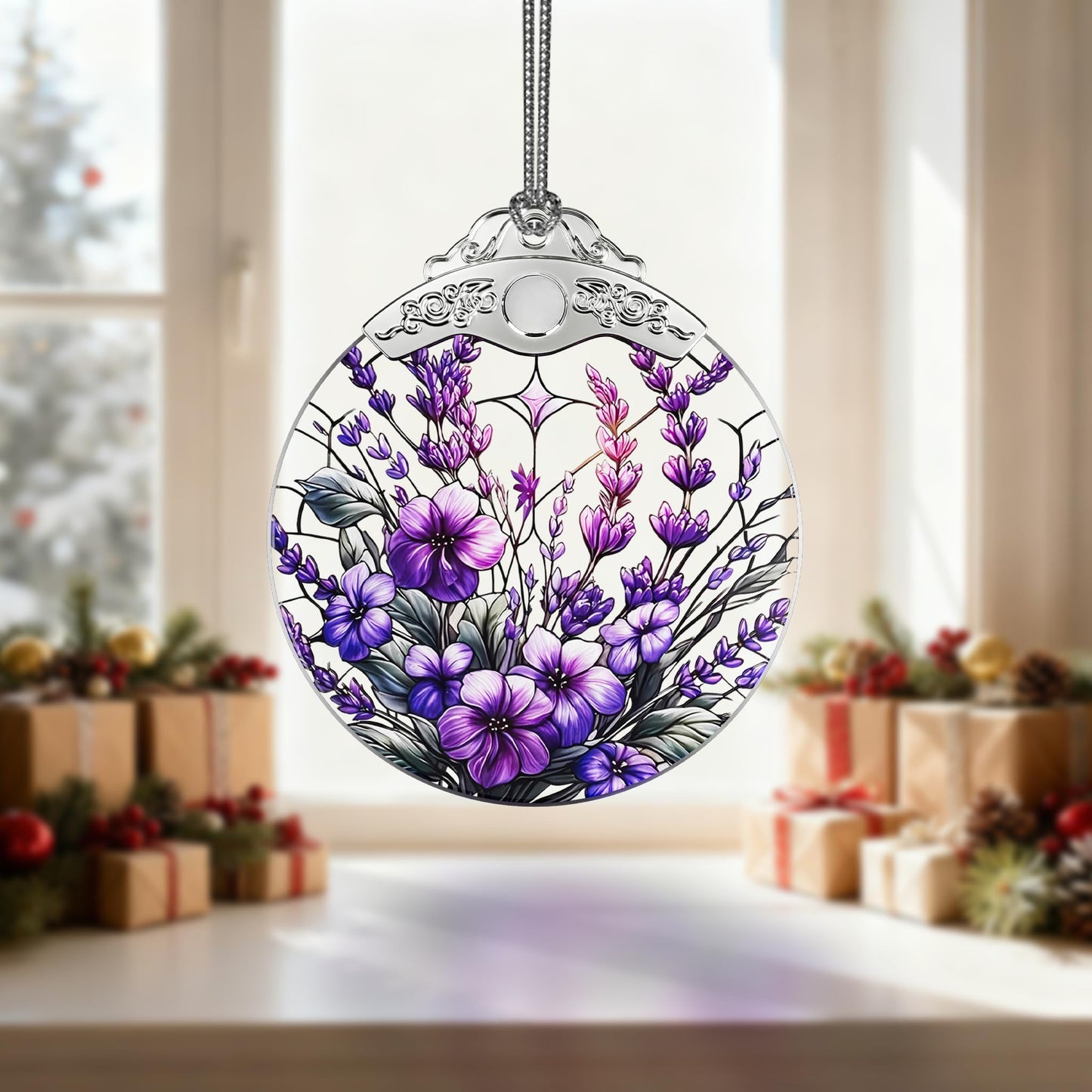 SUNQEBO Stained Glass Ornament, Purple Bauhinia and Violets Ornaments, Unique Crystal Ornaments, Hanging Holiday Presents Idea, Car Hanging Ornaments, Car Charm, Mirror Accessories