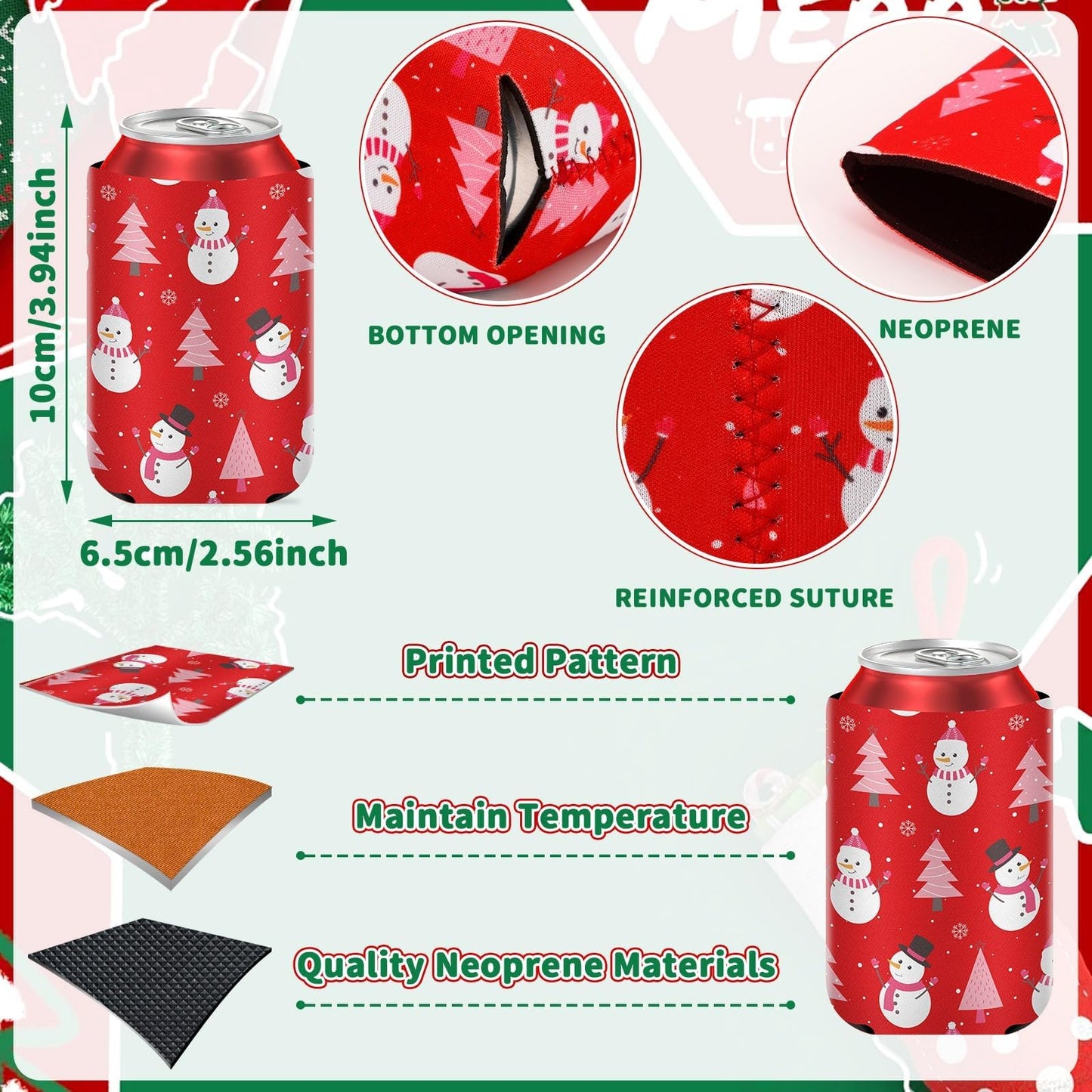 SEPGLITTER 18 pack Christmas Can Cooler Sleeves, Beer Drink Can Beverage Bottle Cooler Sleeves Collapsible for Christmas Holiday Party Gifts Decorations Supplies Favors