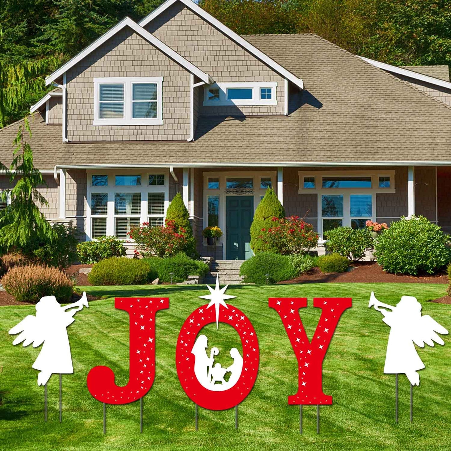 Outdoor Christmas Decorations -Joy Nativity Sets for Christmas Outdoor Xmas Nativity Lawn Religious Scenes Yard Decor with Stake for Home Lawn Pathway Walkway, Red, White