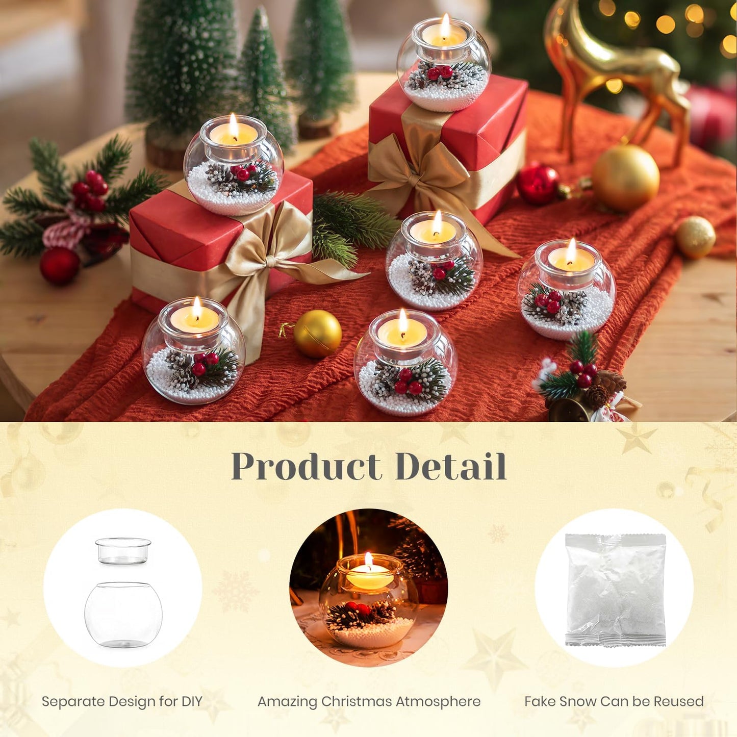 Hewory Christmas Tealight Candle Holders: Glass Tea Light Candle Holder Set of 6, Ball Candl Holders with Red Berry and Pinecone, Christmas Table Decorations for Dinner Holiday Party Fireplace Mantle