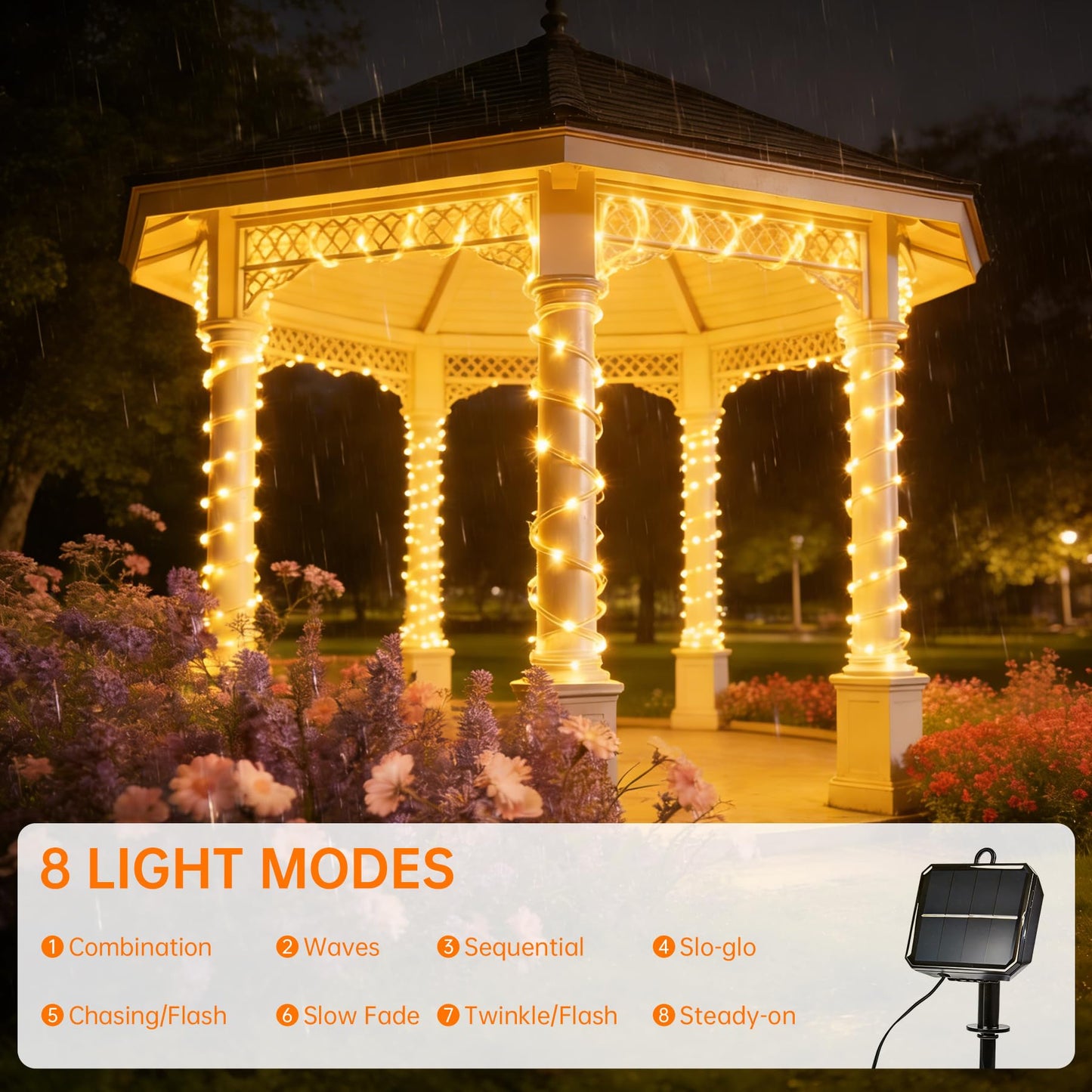 BANBANJO Solar Rope Lights for outside, 66ft 200 LED Solar string Lights with 8 Modes, Waterproof Solar Outdoor Light for Patio Garden Party Tree Porch Pool Fence Outdoor Holiday Xmas Decor-Warm White